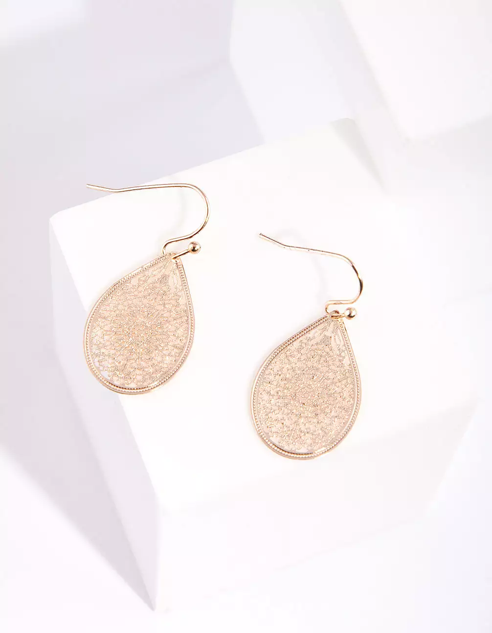 Rose Gold Filigree Lace Tear Drop Earrings