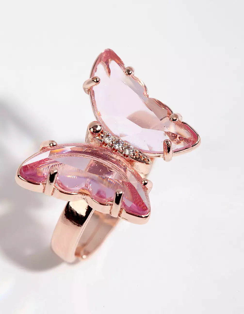 Rose Gold Pink Glass Butterfly Ring