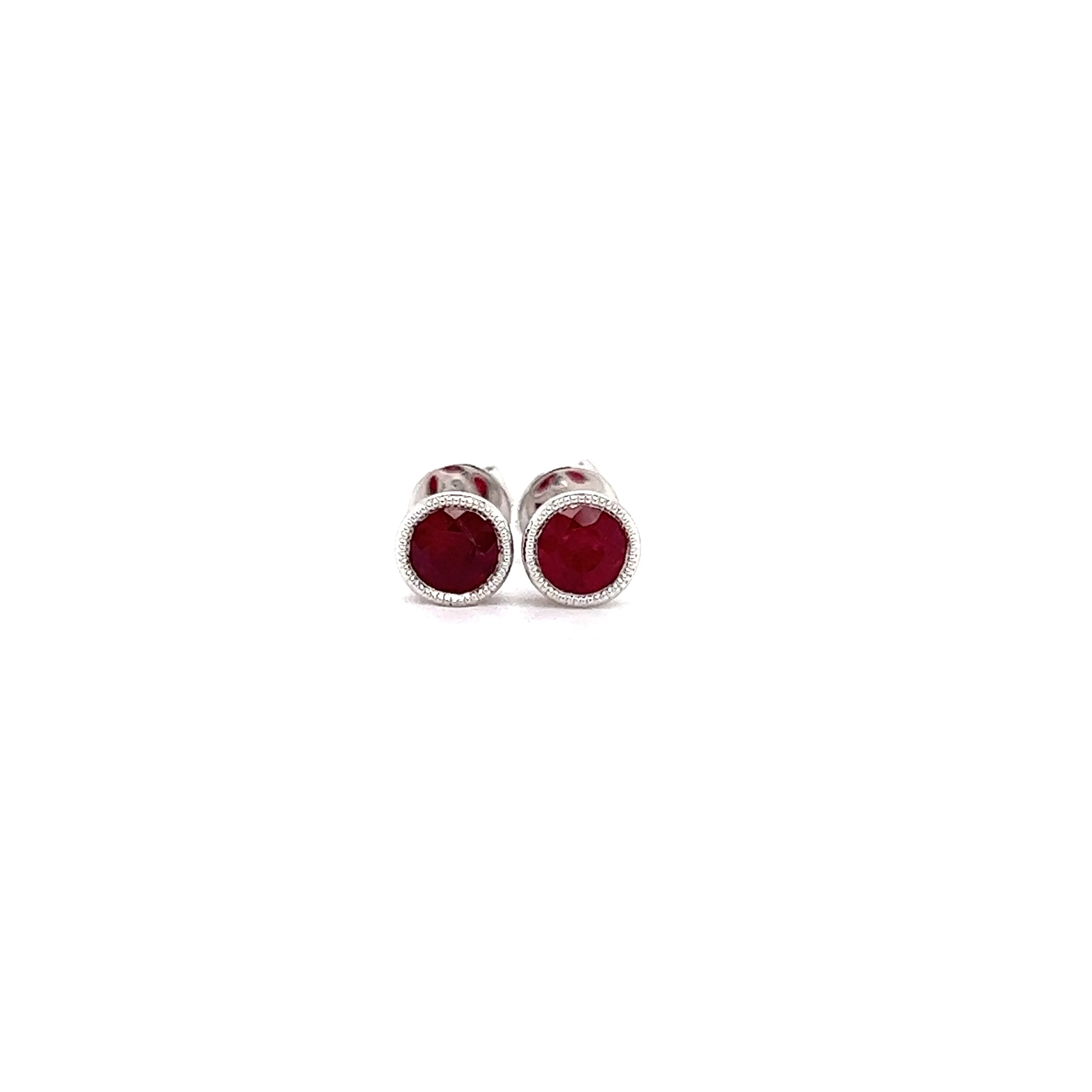 Round Ruby Stud Earrings with Filigree and Milgrain Details in 14K White Gold