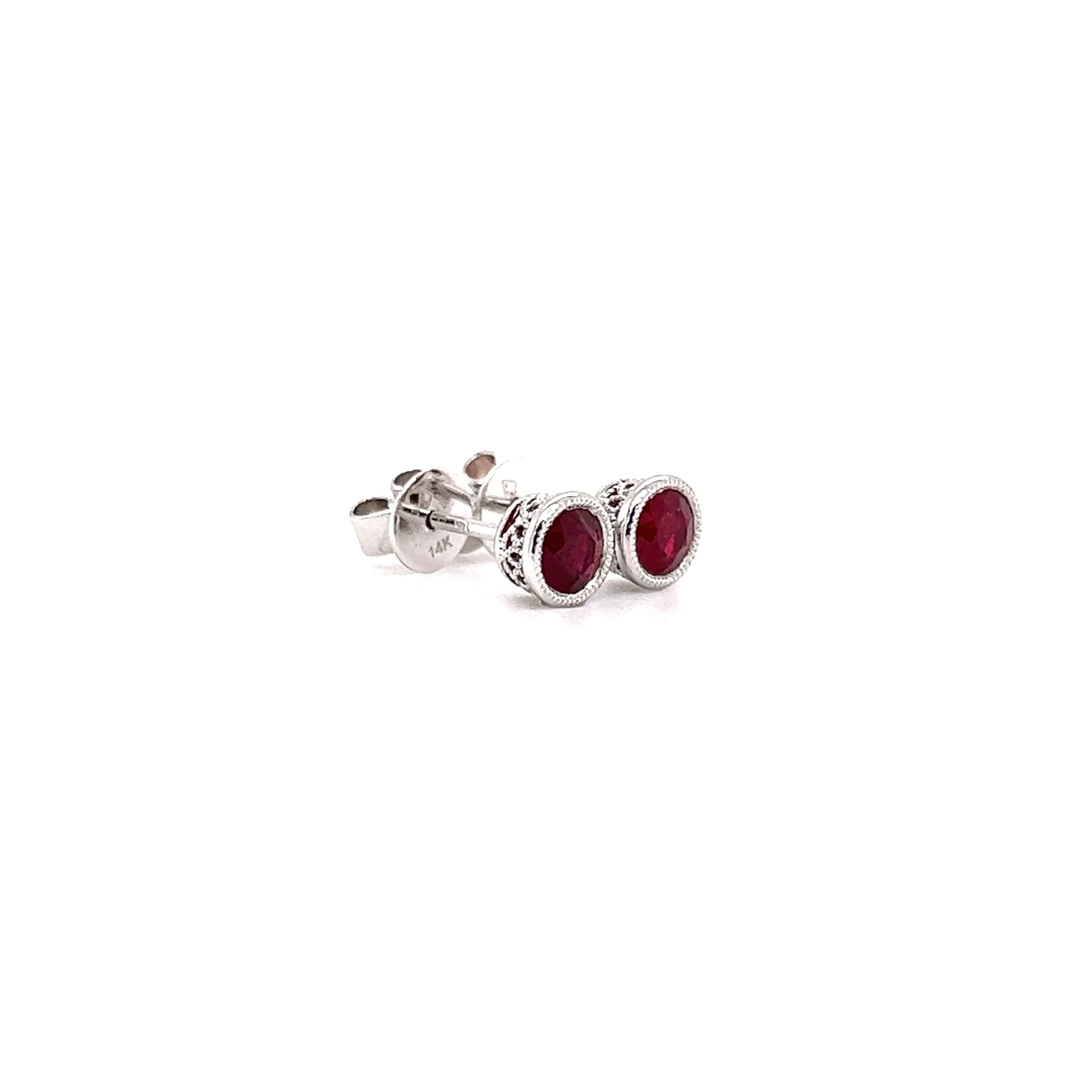 Round Ruby Stud Earrings with Filigree and Milgrain Details in 14K White Gold