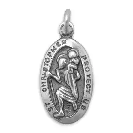 Saint Christopher Sterling Silver Oval Pendant Necklace