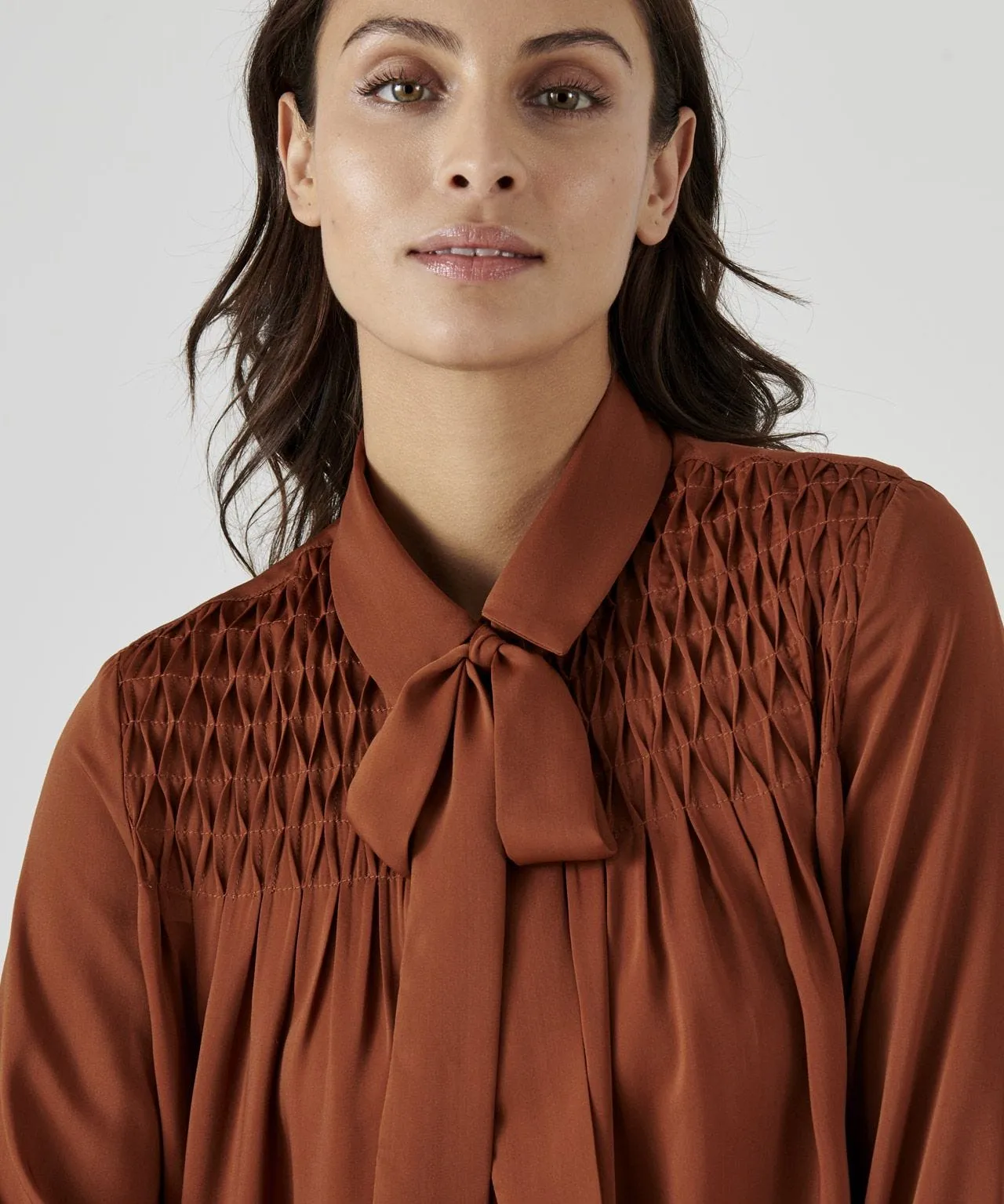 Smock Detail Tie Neck Blouse