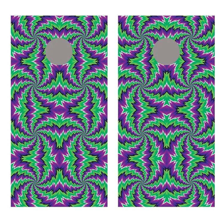 Spiral Illusion Purple and Green Cornhole Board Decal Wraps