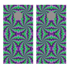 Spiral Illusion Purple and Green Cornhole Board Decal Wraps