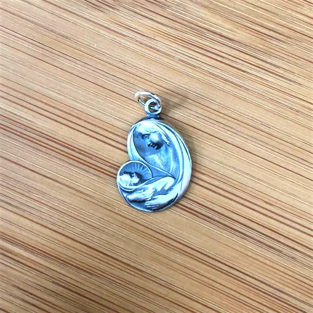 Sterling Silver Virgin Mary and Baby Jesus Pendant Necklace