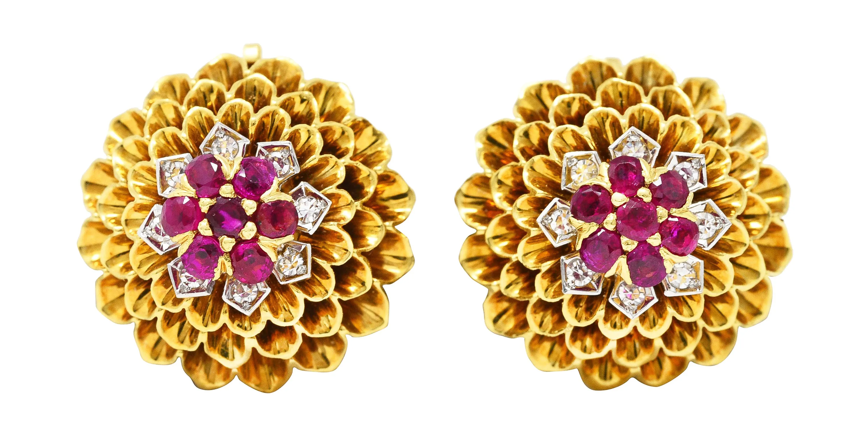 Tiffany & Co. Mid-Century Ruby Diamond Platinum 18 Karat Yellow Gold Dahlia Vintage Ear-Clip Earrings