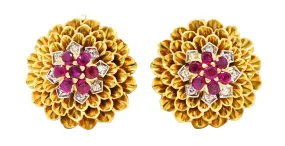 Tiffany & Co. Mid-Century Ruby Diamond Platinum 18 Karat Yellow Gold Dahlia Vintage Ear-Clip Earrings