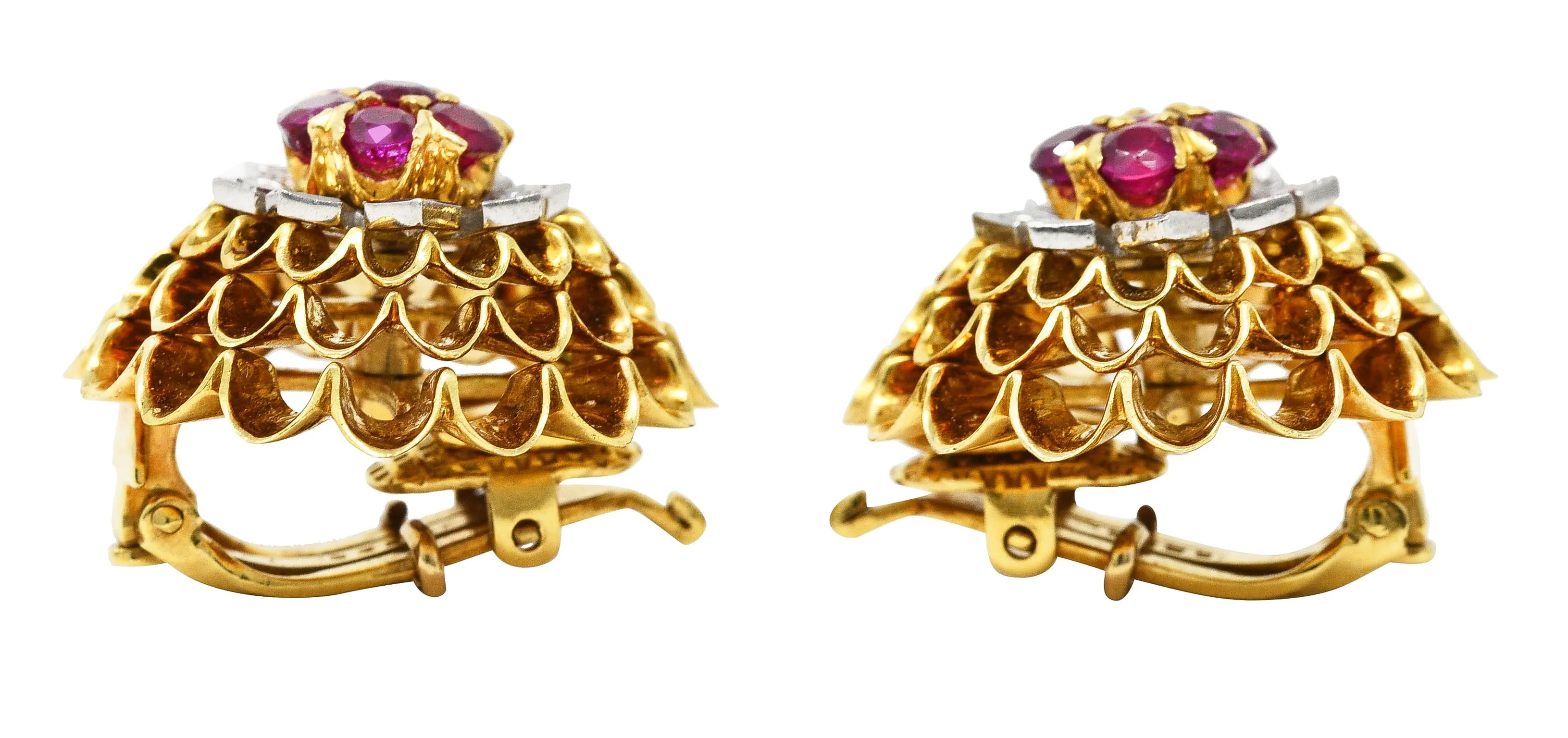 Tiffany & Co. Mid-Century Ruby Diamond Platinum 18 Karat Yellow Gold Dahlia Vintage Ear-Clip Earrings