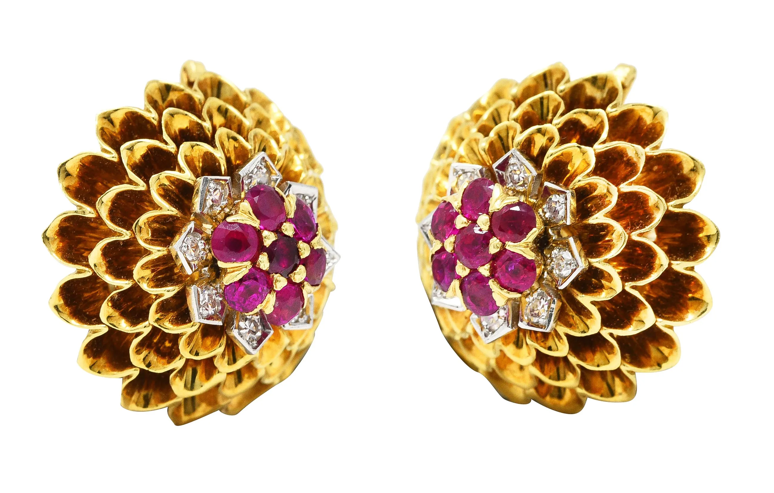 Tiffany & Co. Mid-Century Ruby Diamond Platinum 18 Karat Yellow Gold Dahlia Vintage Ear-Clip Earrings