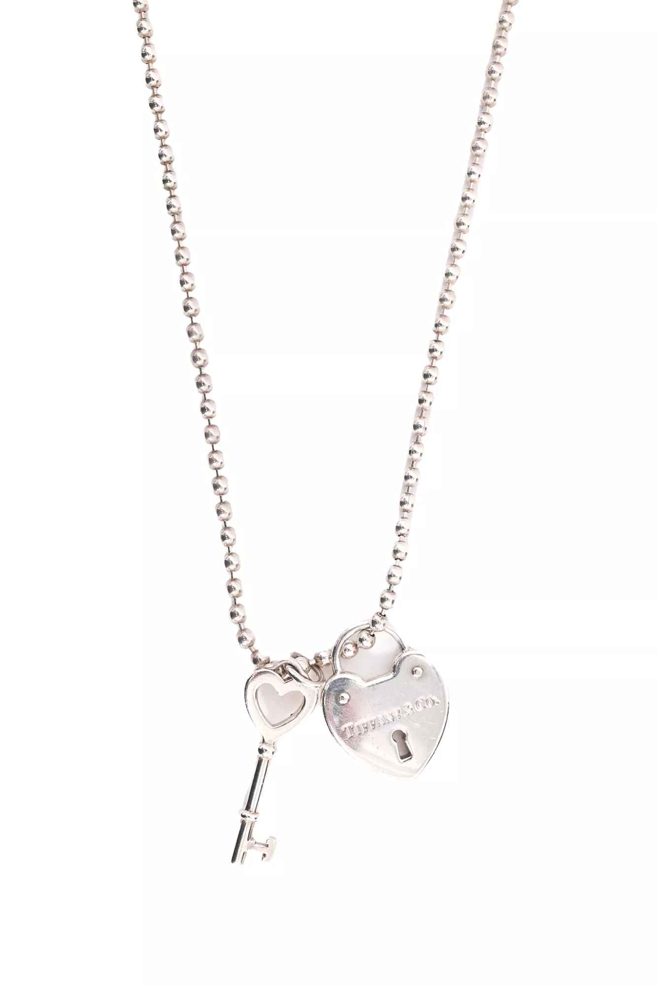 Tiffany & Co. Sterling Silver Heart Lock + Key Pendant Beaded Necklace