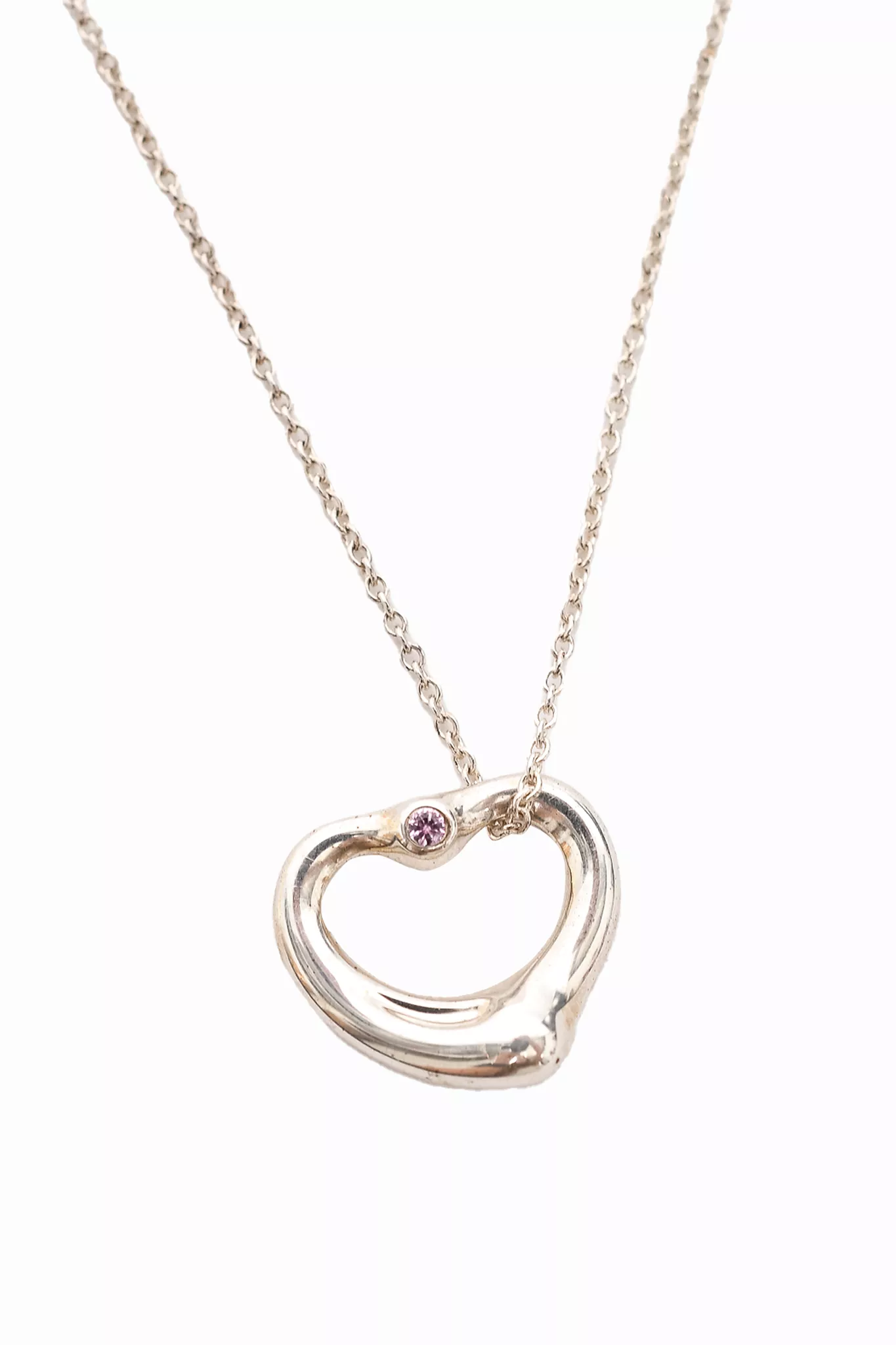 Tiffany & Co. Sterling Silver Small Open Heart Pendant Necklace with Pink Sapphire