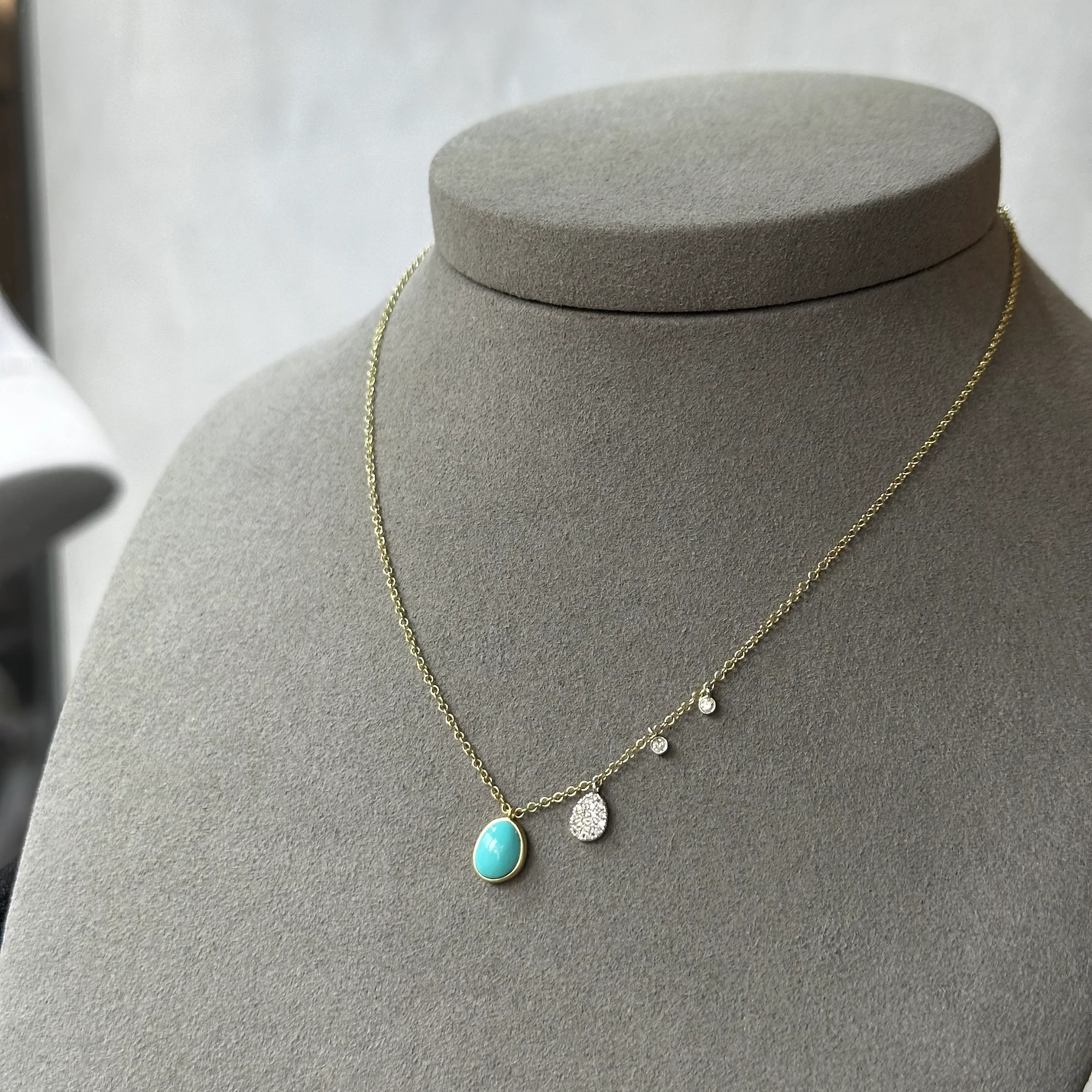 Two Tone Bezel Turquoise with Oval Shaped Diamond Cluster Necklace