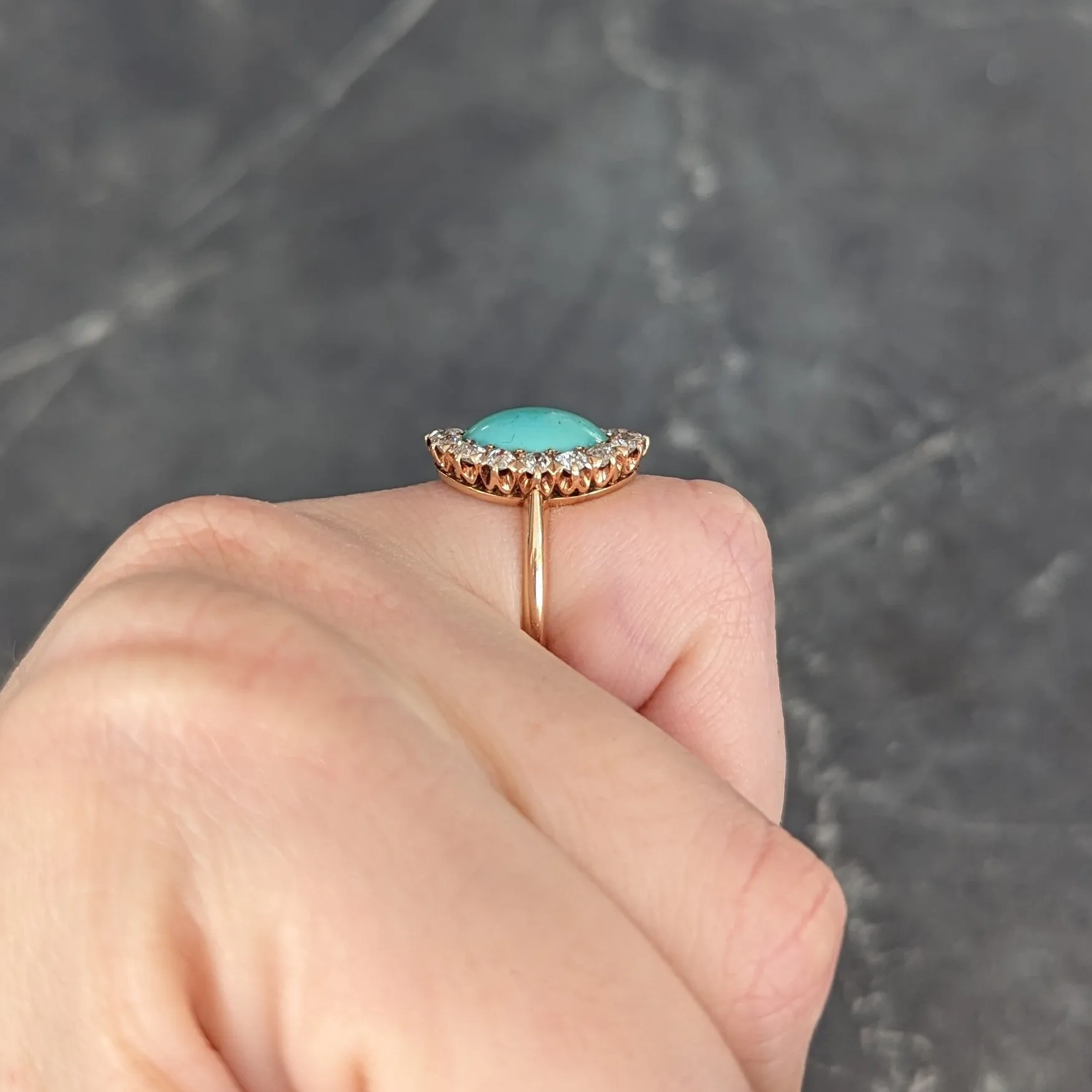 Victorian 1.04 CTW Old European Cut Diamond Turquoise Cabochon 14 Karat Yellow Gold Antique Halo Ring