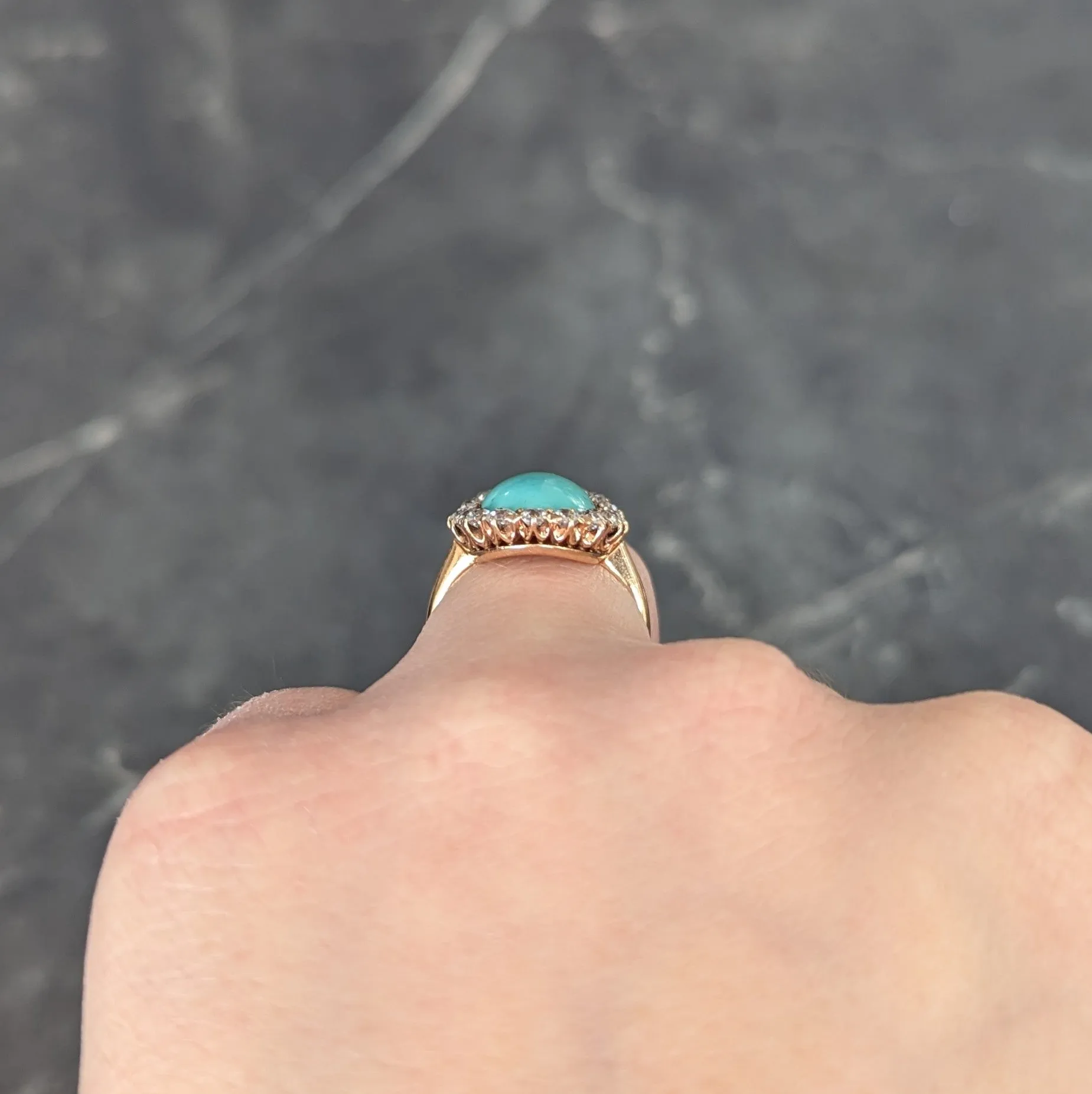 Victorian 1.04 CTW Old European Cut Diamond Turquoise Cabochon 14 Karat Yellow Gold Antique Halo Ring