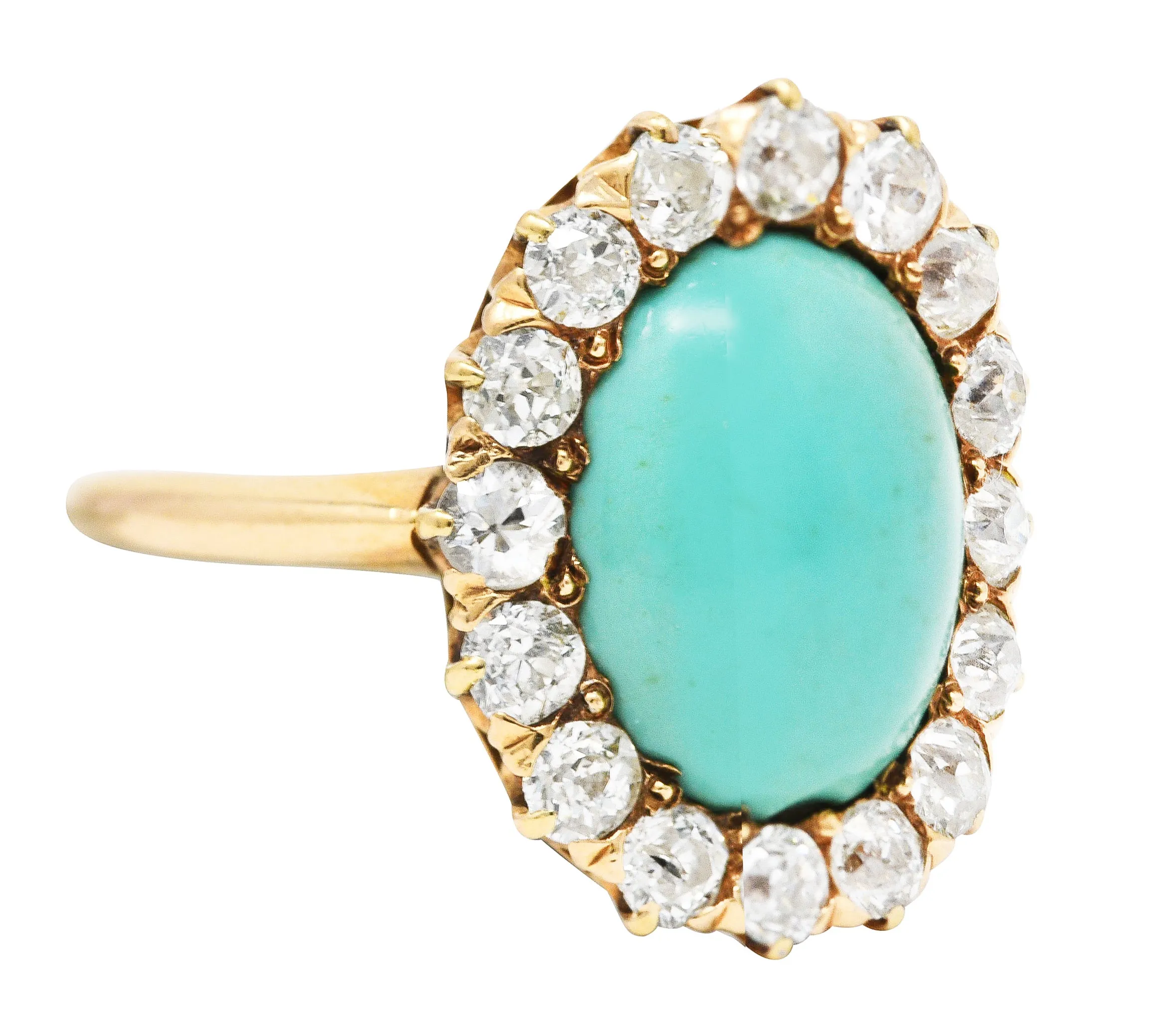 Victorian 1.04 CTW Old European Cut Diamond Turquoise Cabochon 14 Karat Yellow Gold Antique Halo Ring