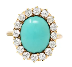 Victorian 1.04 CTW Old European Cut Diamond Turquoise Cabochon 14 Karat Yellow Gold Antique Halo Ring