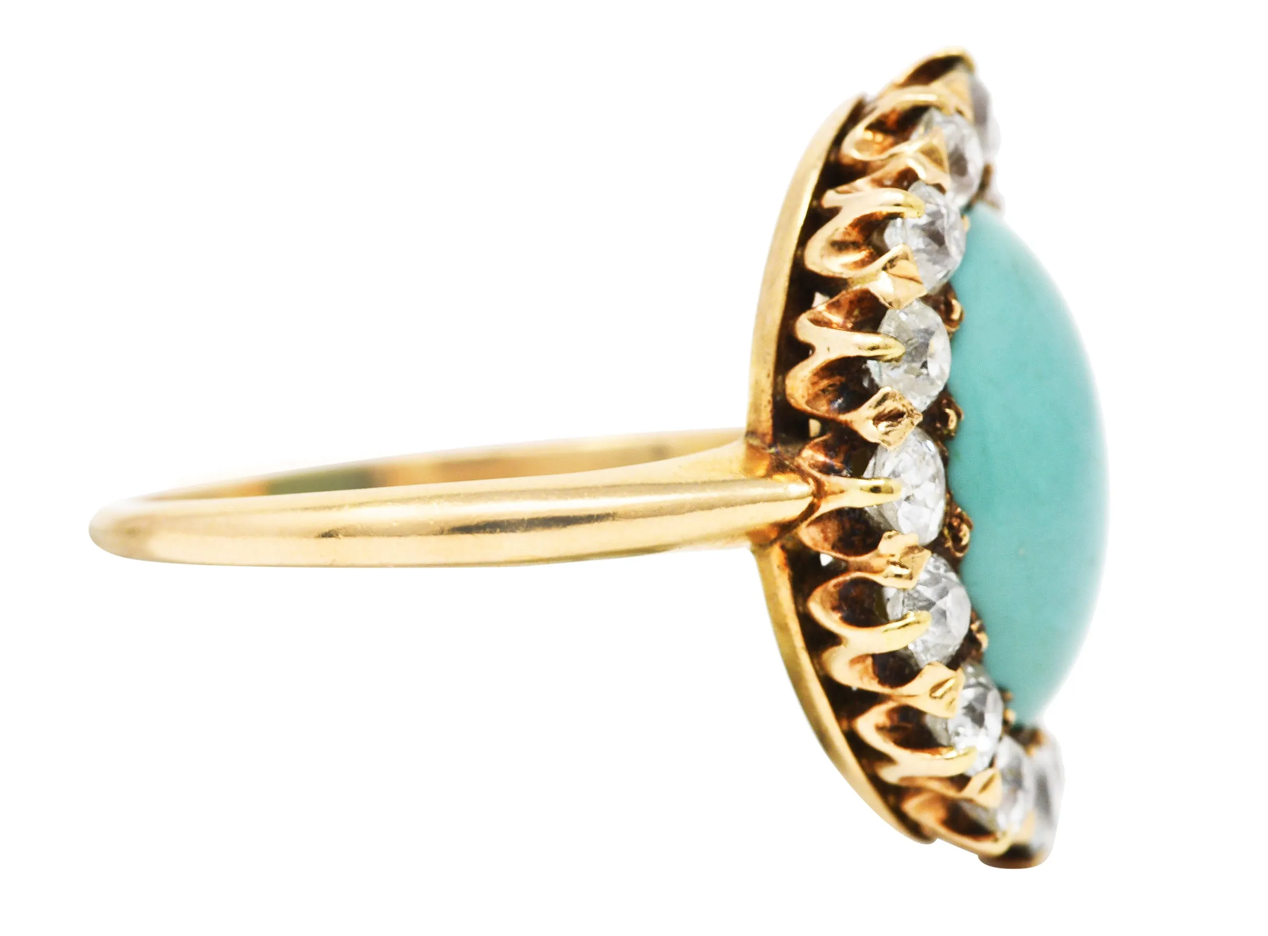 Victorian 1.04 CTW Old European Cut Diamond Turquoise Cabochon 14 Karat Yellow Gold Antique Halo Ring