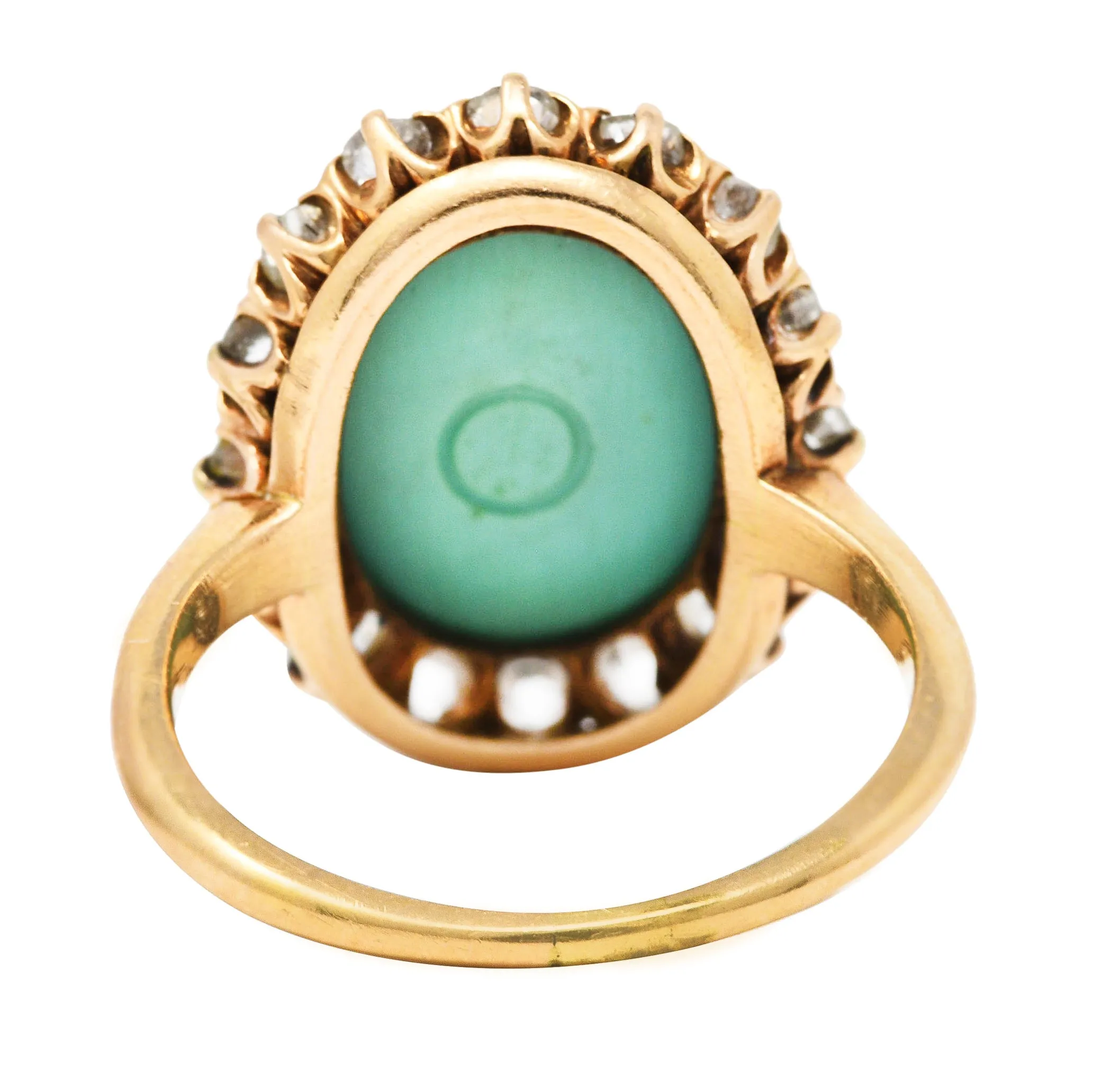 Victorian 1.04 CTW Old European Cut Diamond Turquoise Cabochon 14 Karat Yellow Gold Antique Halo Ring