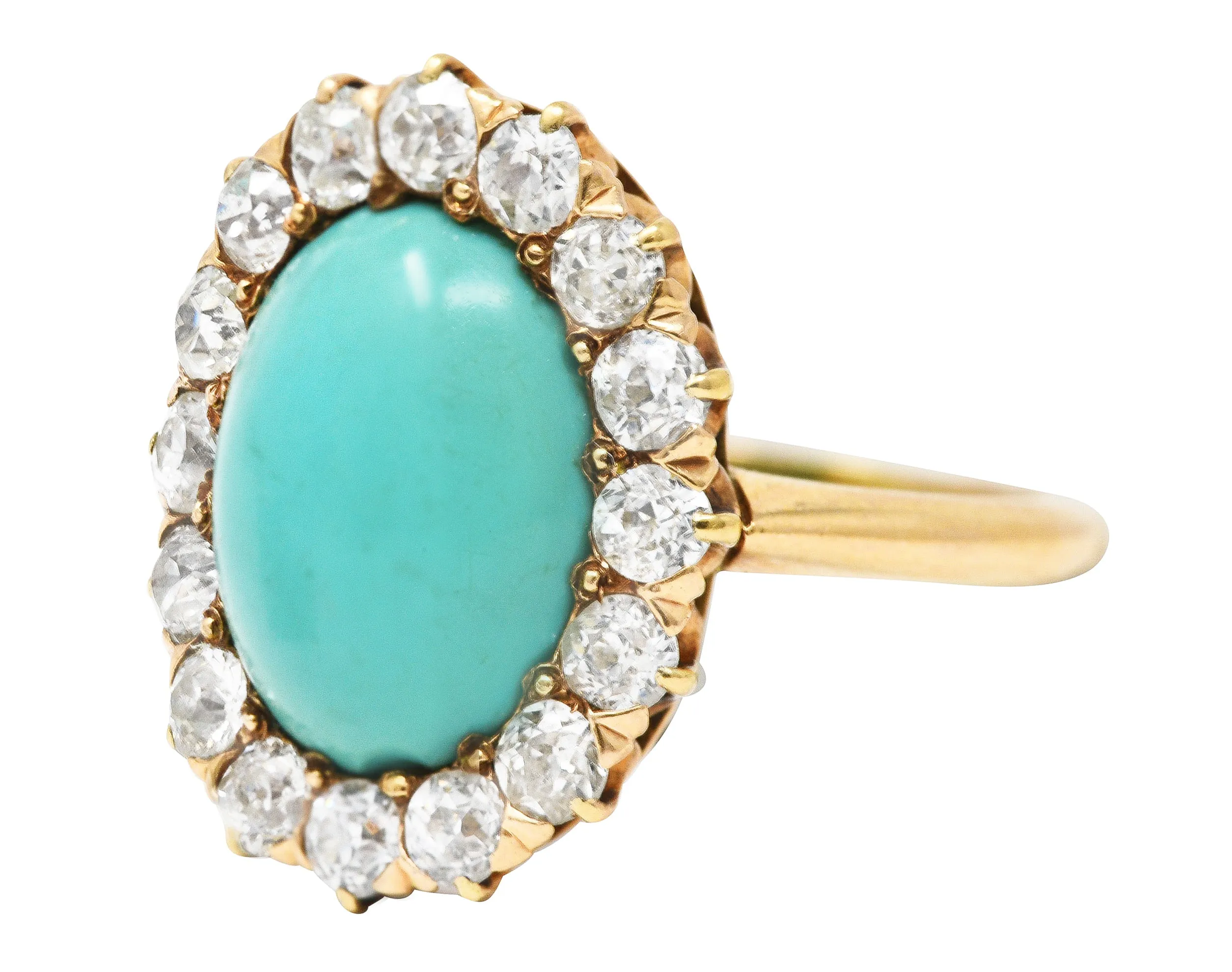 Victorian 1.04 CTW Old European Cut Diamond Turquoise Cabochon 14 Karat Yellow Gold Antique Halo Ring