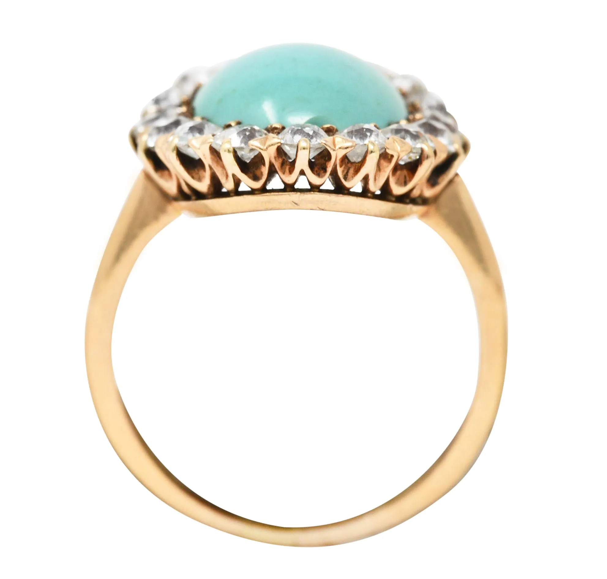 Victorian 1.04 CTW Old European Cut Diamond Turquoise Cabochon 14 Karat Yellow Gold Antique Halo Ring