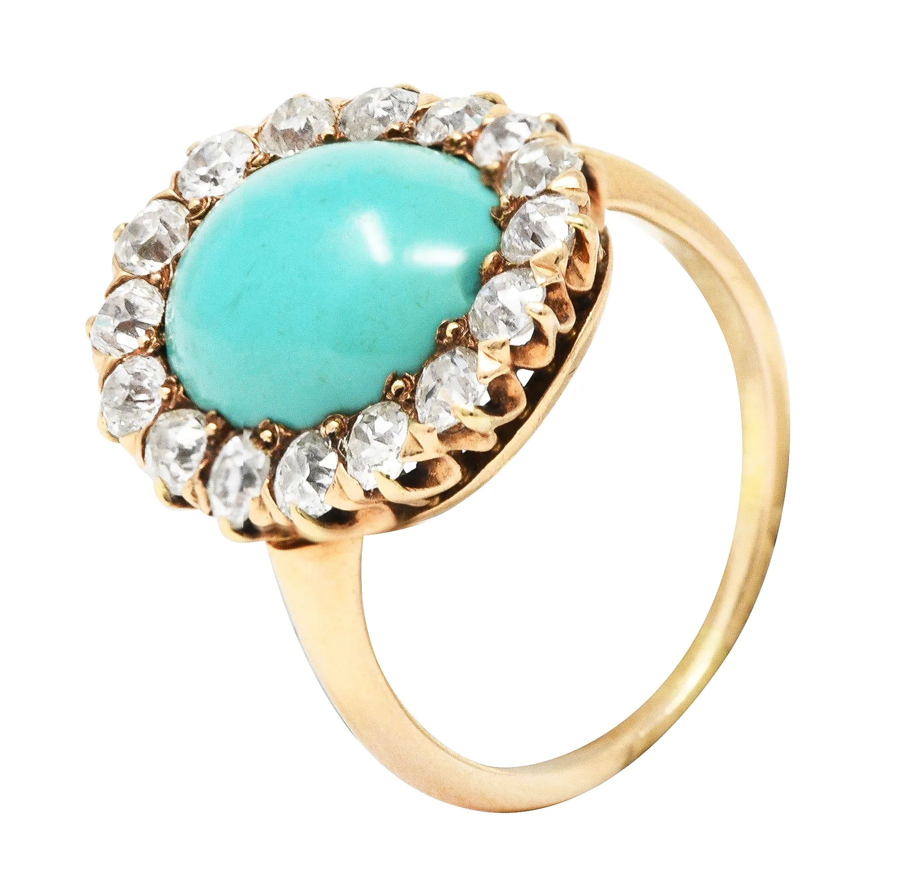 Victorian 1.04 CTW Old European Cut Diamond Turquoise Cabochon 14 Karat Yellow Gold Antique Halo Ring