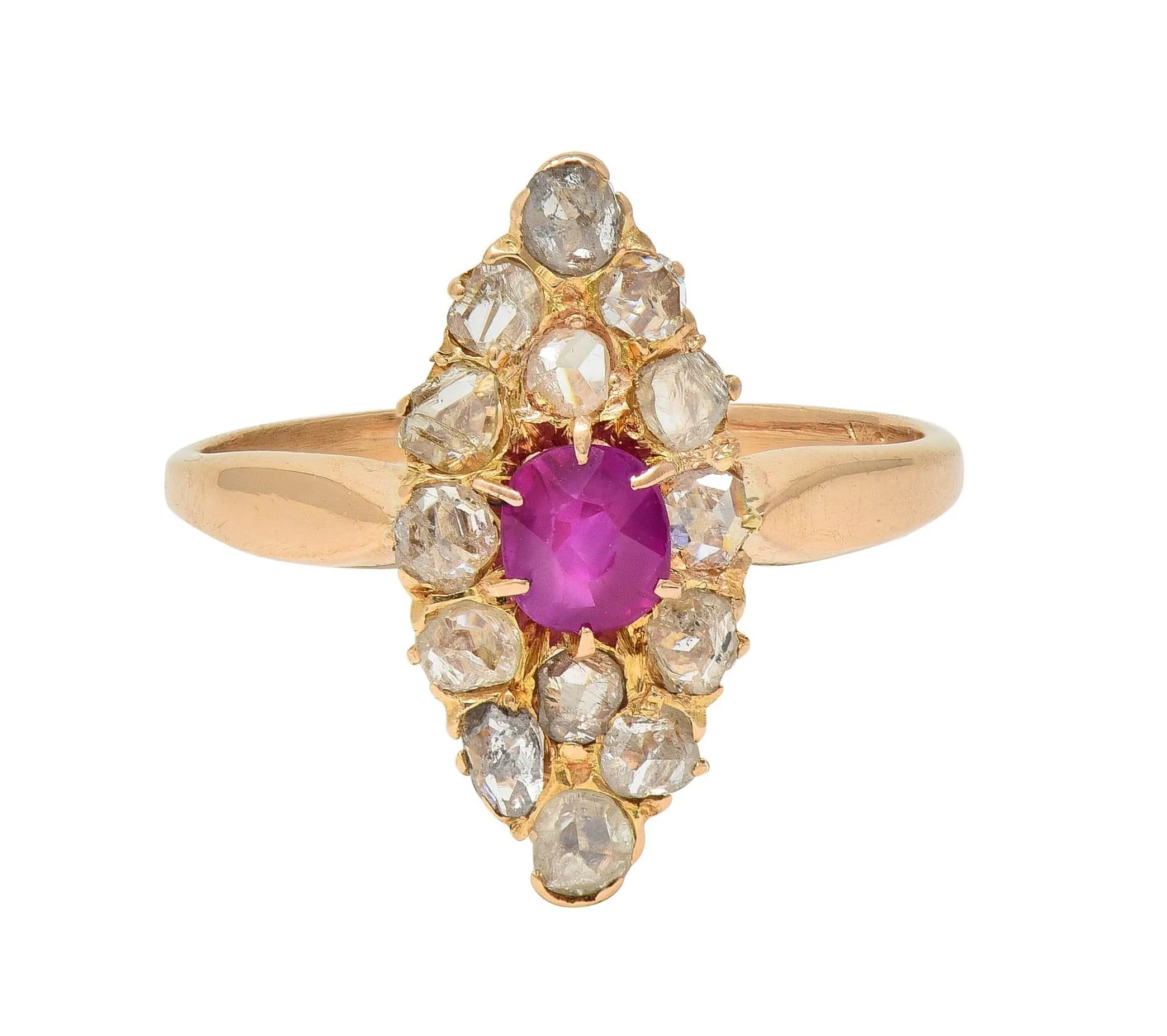 Victorian 1.20 CTW Ruby Diamond 18K Yellow Gold Antique Navette Cluster Ring