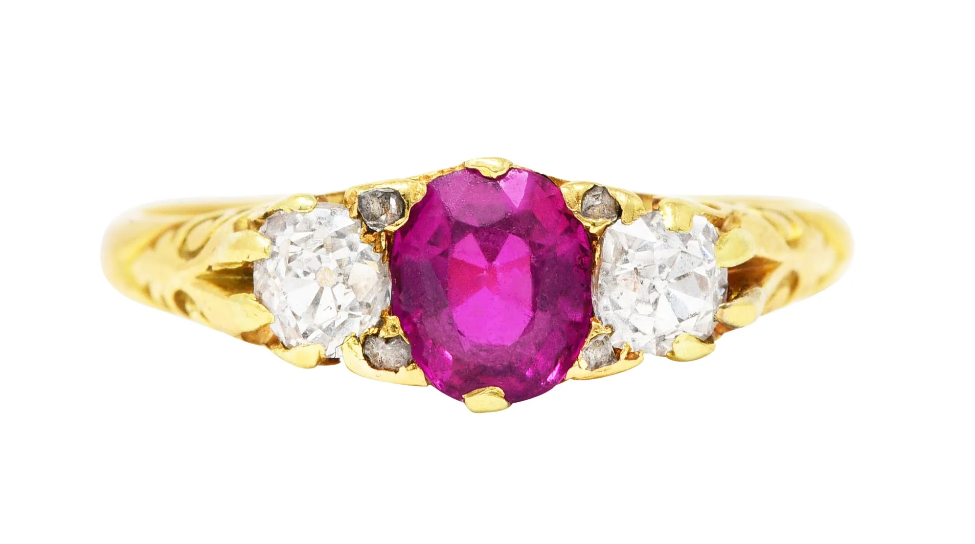 Victorian 1.64 CTW Ruby Old Mine Cut Diamond 18 Karat Yellow Gold Scrolling Three-Stone Antique Ring