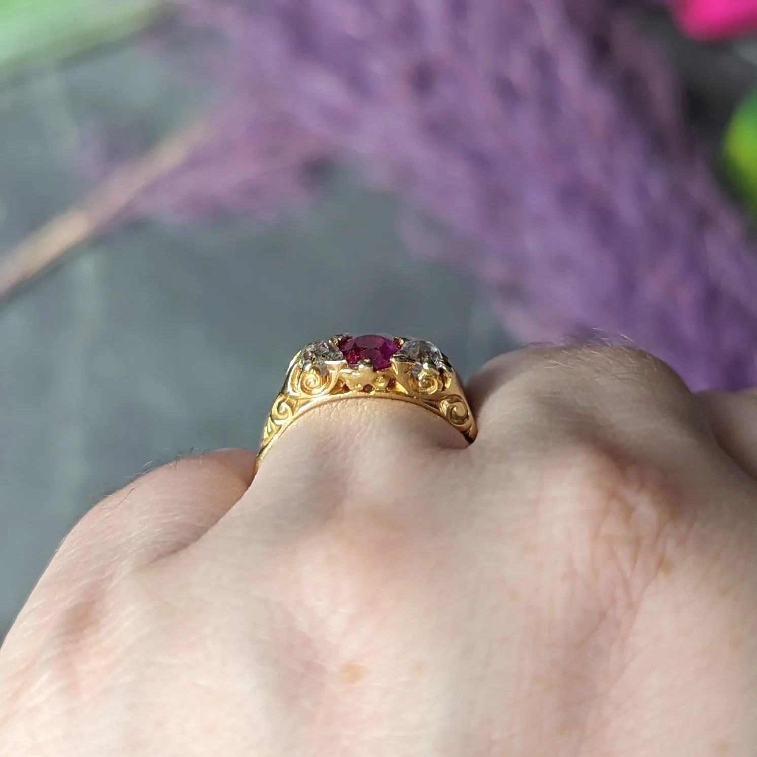 Victorian 1.64 CTW Ruby Old Mine Cut Diamond 18 Karat Yellow Gold Scrolling Three-Stone Antique Ring