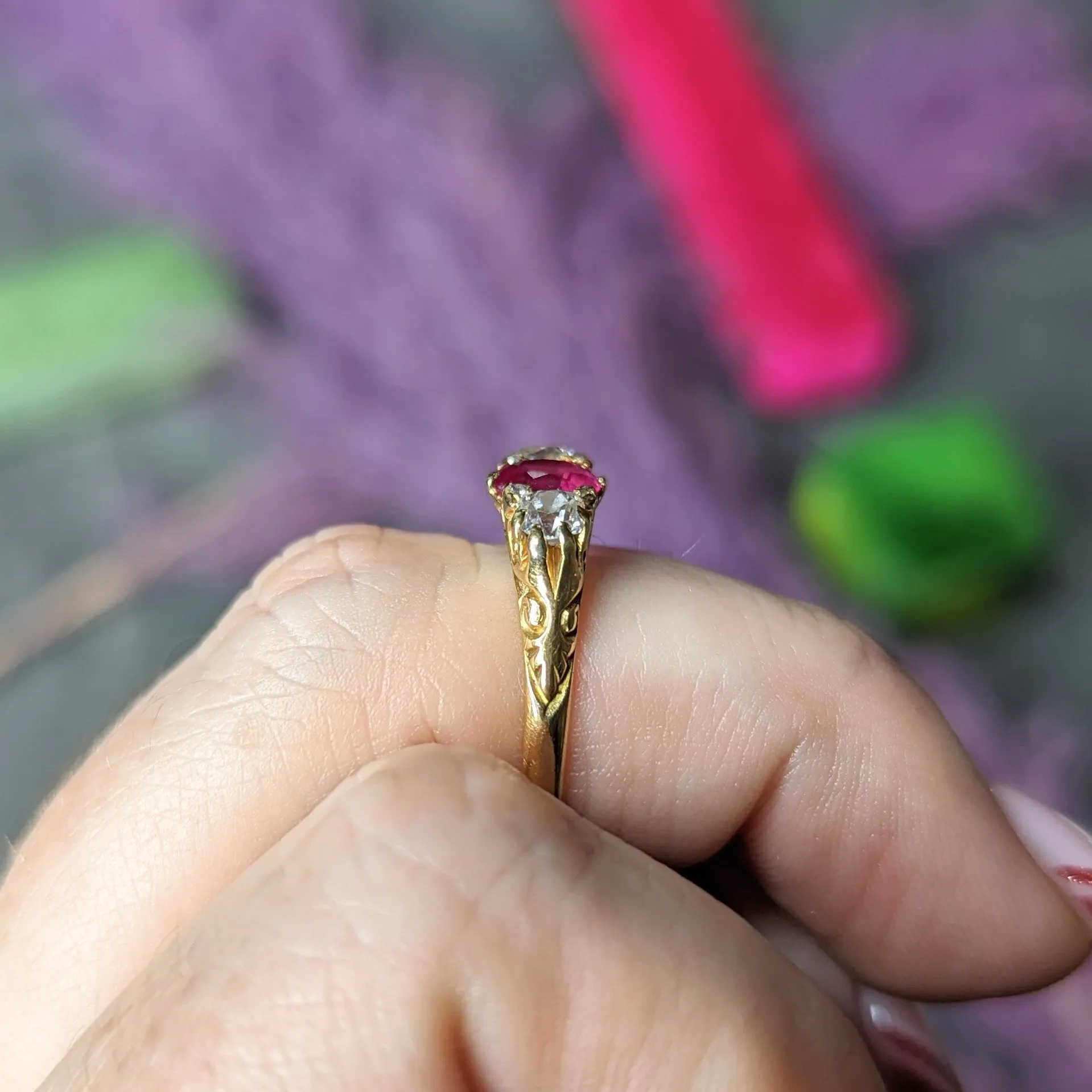 Victorian 1.64 CTW Ruby Old Mine Cut Diamond 18 Karat Yellow Gold Scrolling Three-Stone Antique Ring