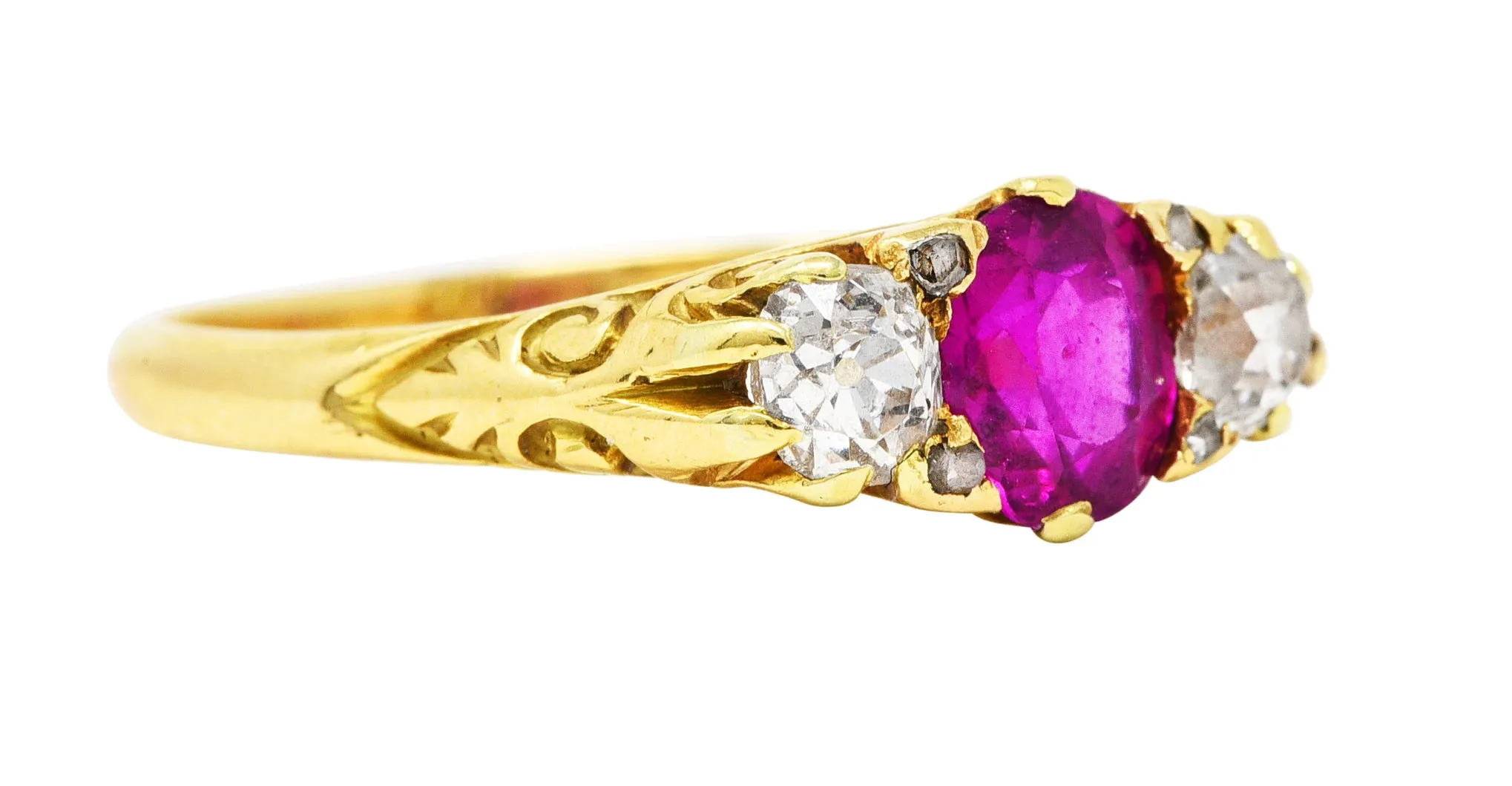 Victorian 1.64 CTW Ruby Old Mine Cut Diamond 18 Karat Yellow Gold Scrolling Three-Stone Antique Ring