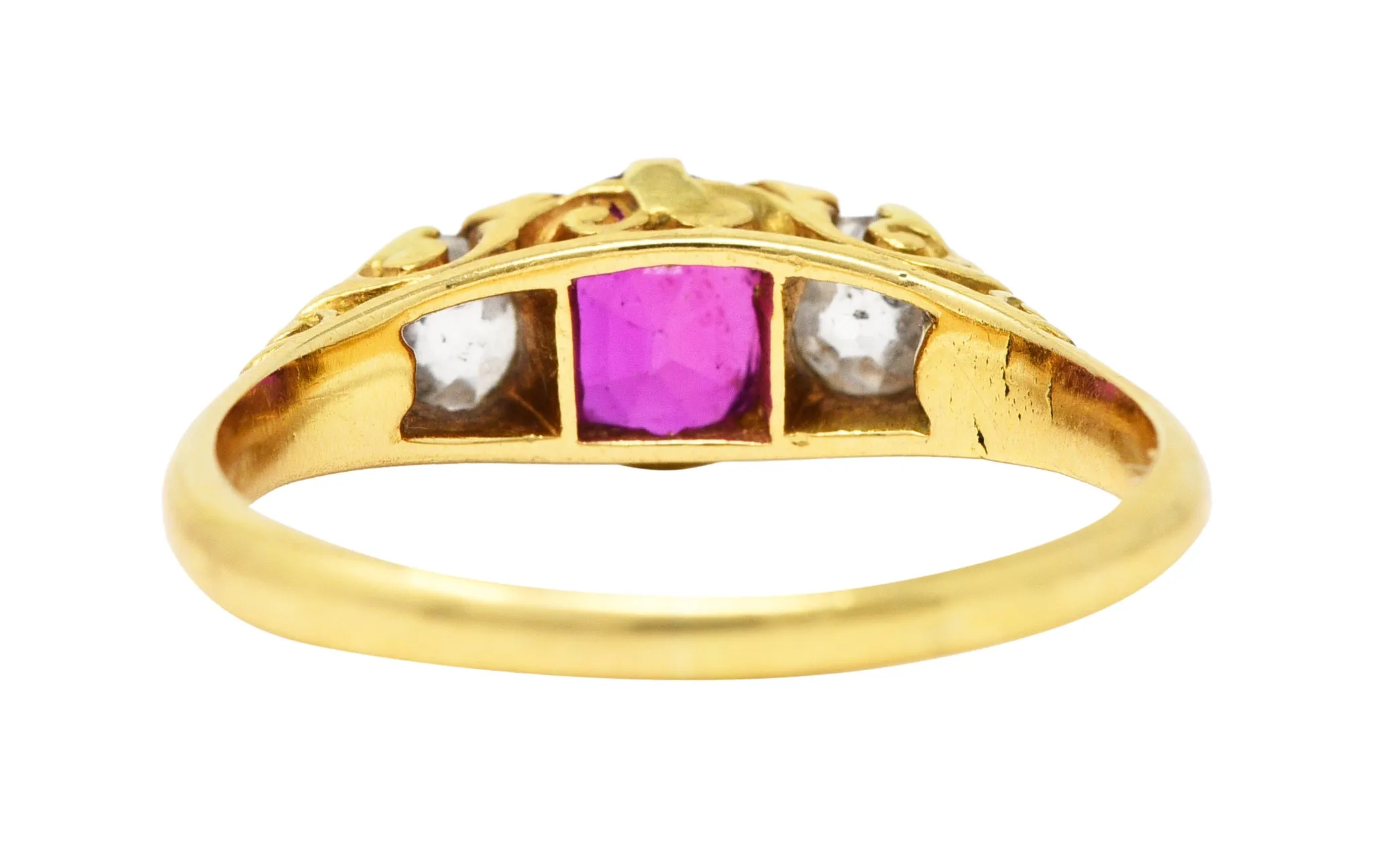 Victorian 1.64 CTW Ruby Old Mine Cut Diamond 18 Karat Yellow Gold Scrolling Three-Stone Antique Ring