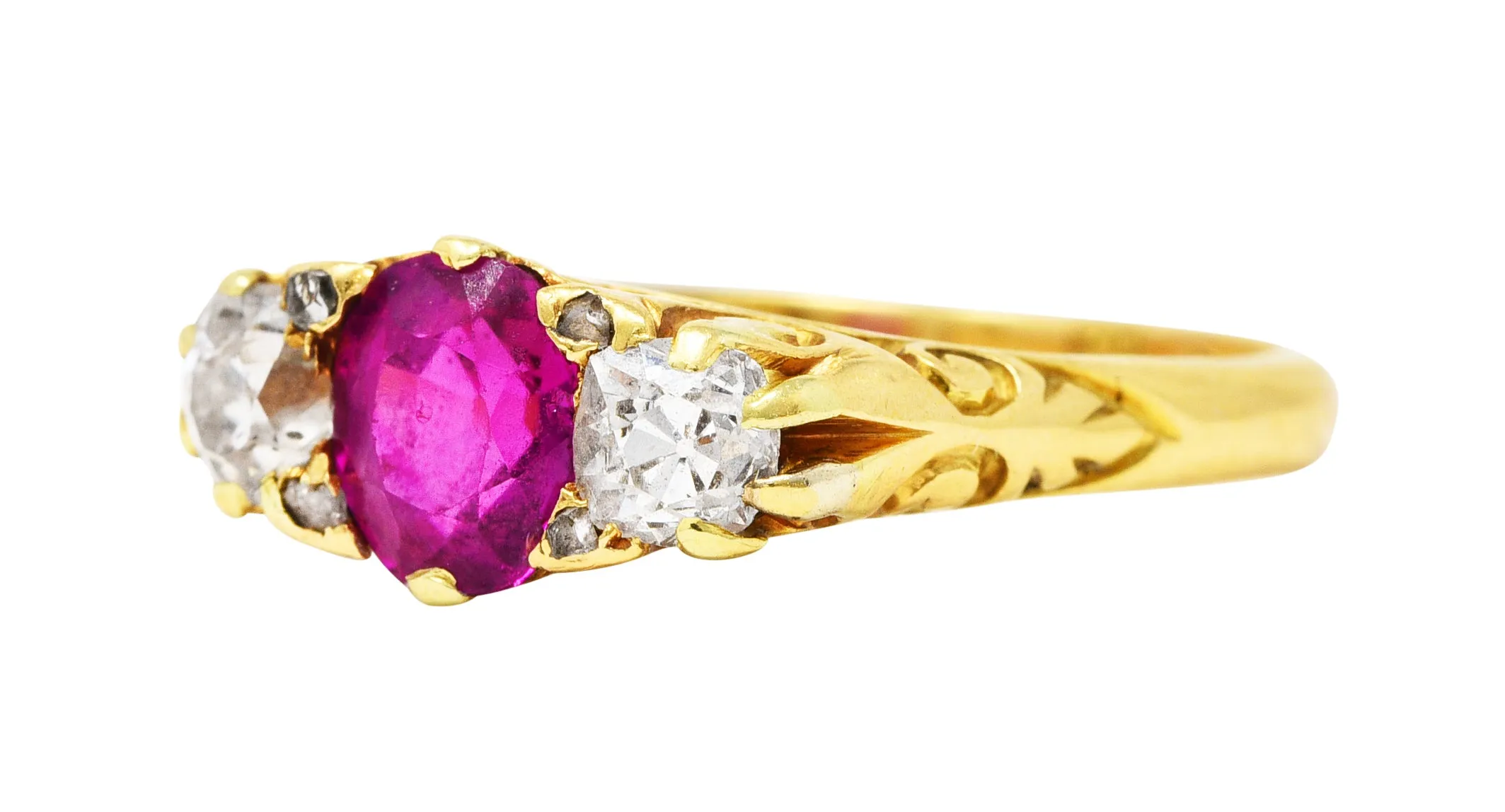 Victorian 1.64 CTW Ruby Old Mine Cut Diamond 18 Karat Yellow Gold Scrolling Three-Stone Antique Ring