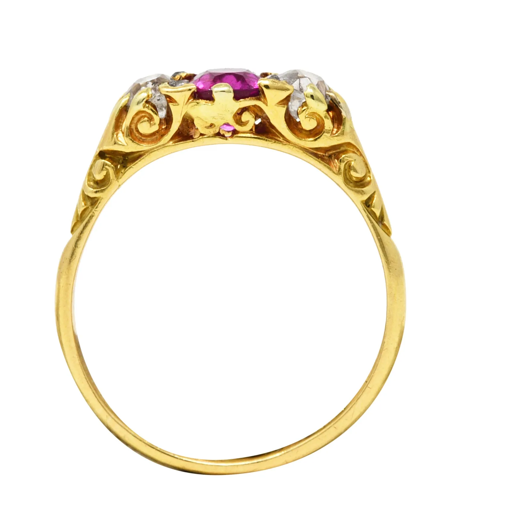 Victorian 1.64 CTW Ruby Old Mine Cut Diamond 18 Karat Yellow Gold Scrolling Three-Stone Antique Ring