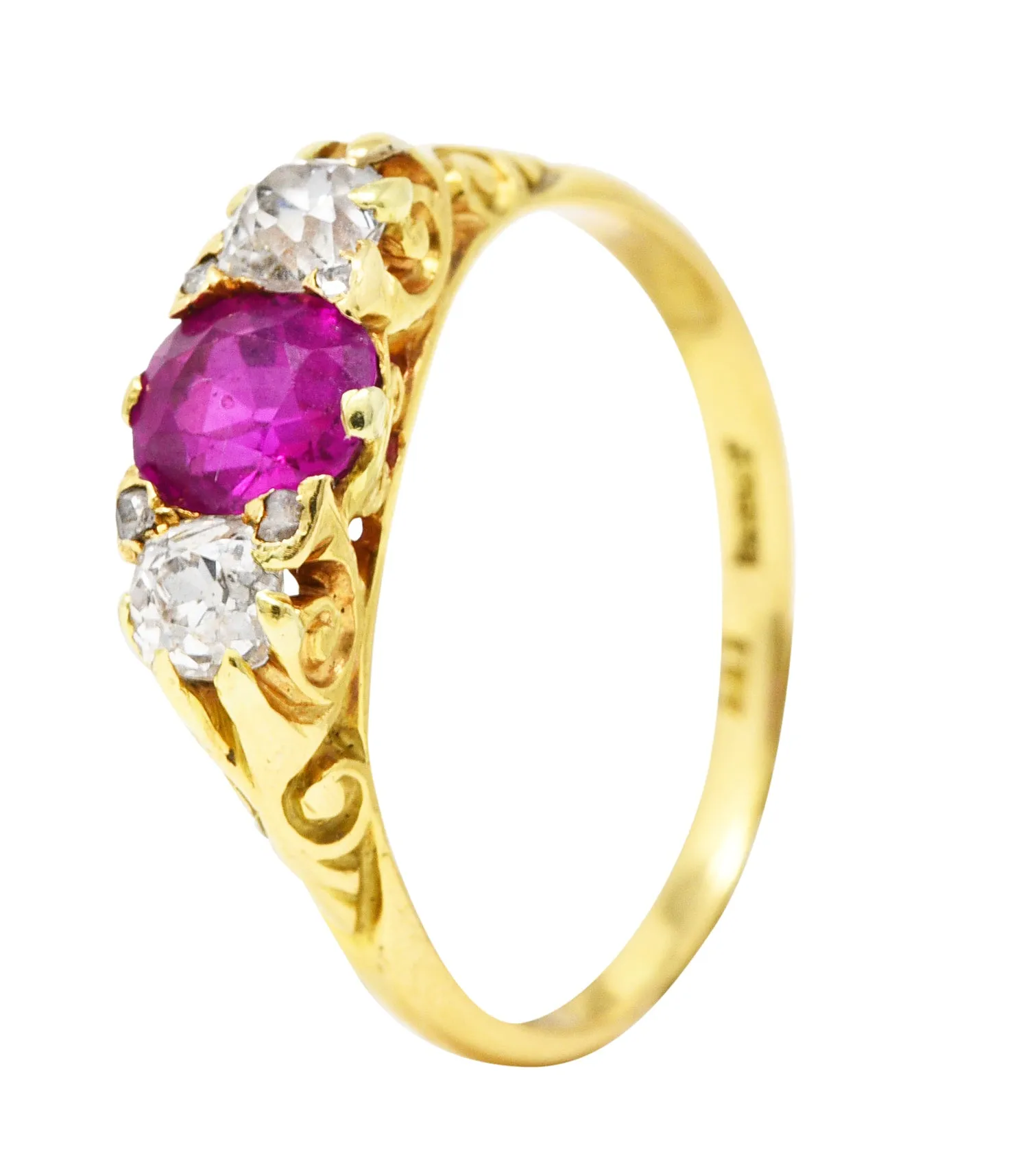 Victorian 1.64 CTW Ruby Old Mine Cut Diamond 18 Karat Yellow Gold Scrolling Three-Stone Antique Ring