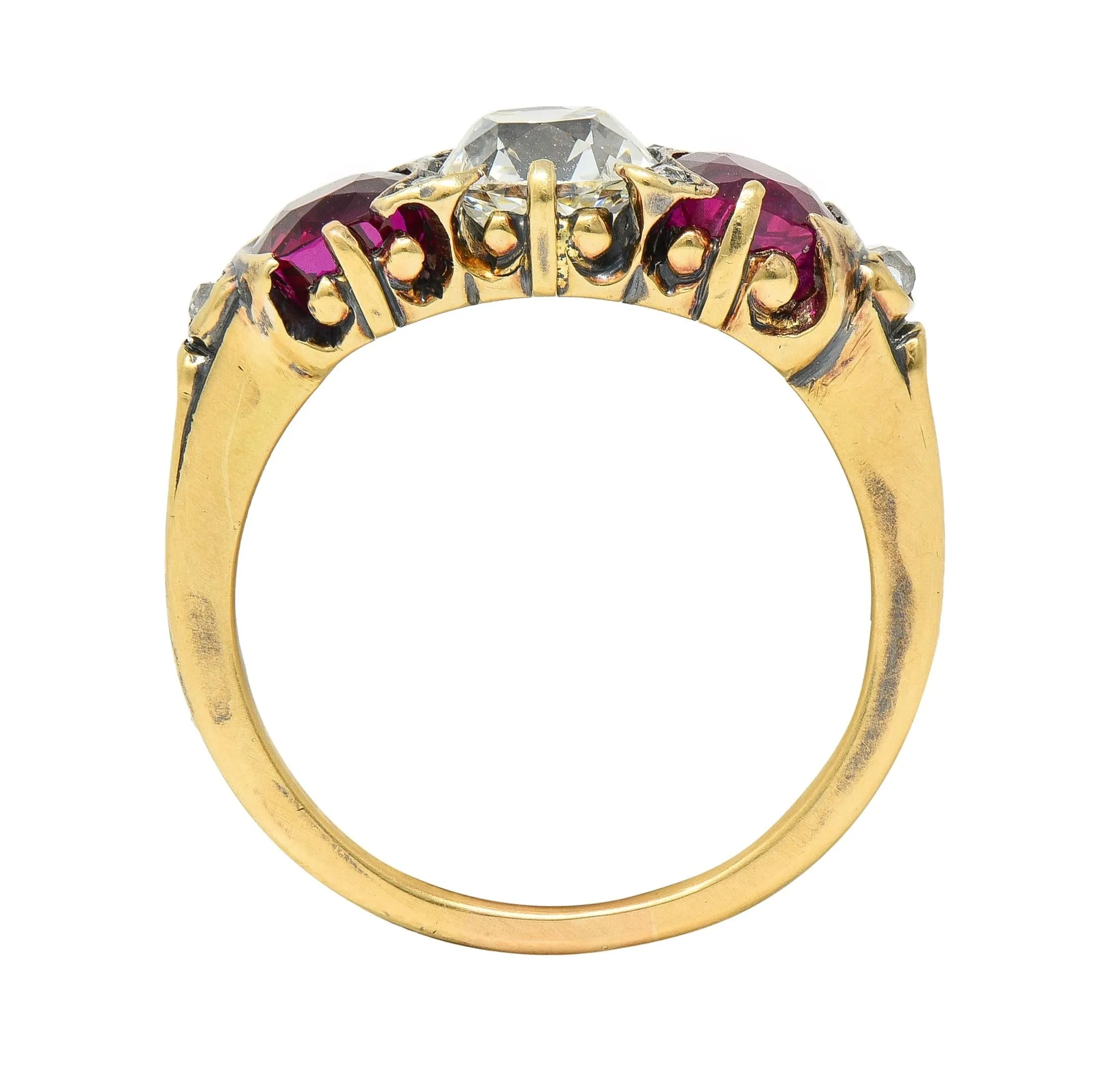 Victorian 3.40 CTW Diamond No Heat Burma Ruby 18 Karat Gold Antique Three Stone Ring GIA