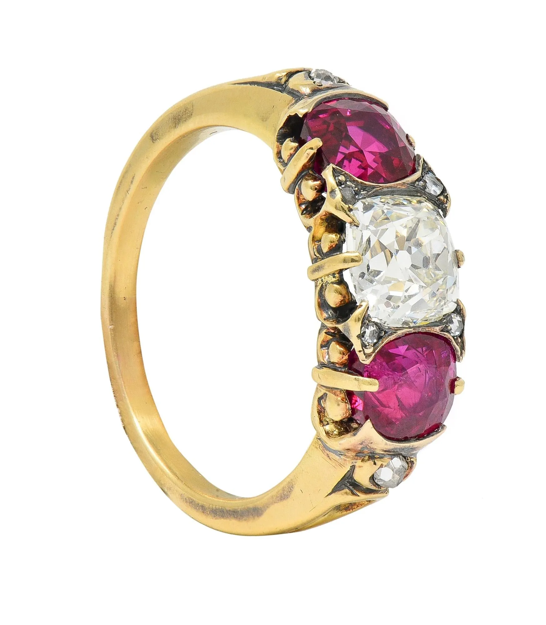 Victorian 3.40 CTW Diamond No Heat Burma Ruby 18 Karat Gold Antique Three Stone Ring GIA