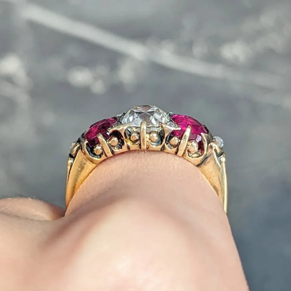 Victorian 3.40 CTW Diamond No Heat Burma Ruby 18 Karat Gold Antique Three Stone Ring GIA