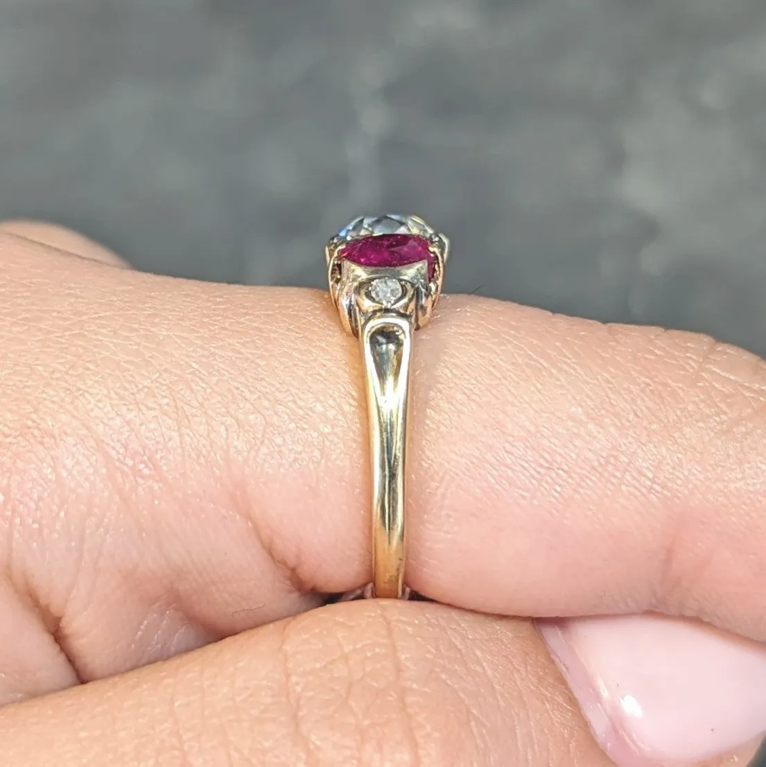 Victorian 3.40 CTW Diamond No Heat Burma Ruby 18 Karat Gold Antique Three Stone Ring GIA