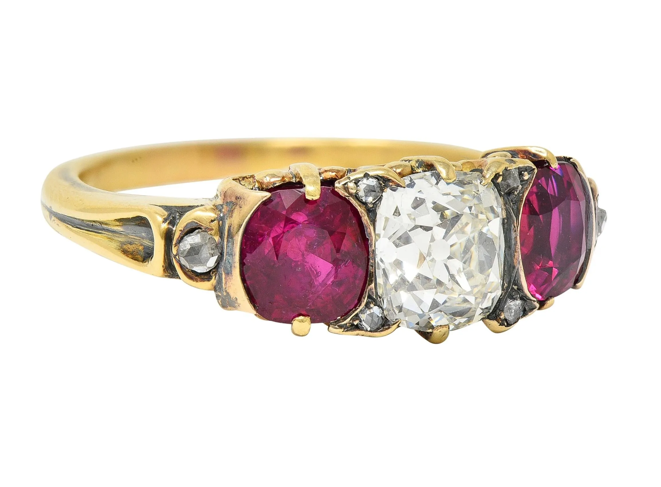 Victorian 3.40 CTW Diamond No Heat Burma Ruby 18 Karat Gold Antique Three Stone Ring GIA