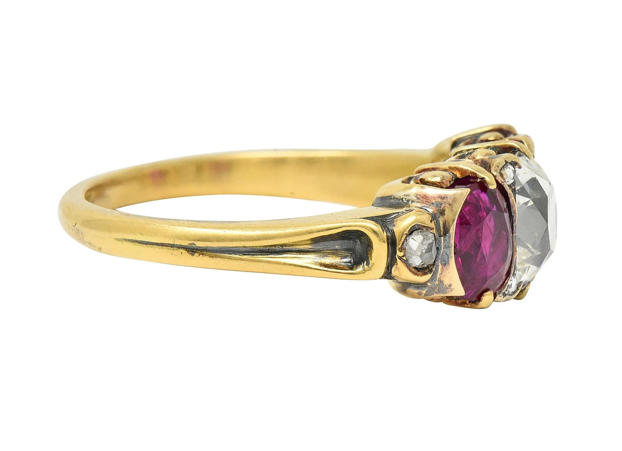 Victorian 3.40 CTW Diamond No Heat Burma Ruby 18 Karat Gold Antique Three Stone Ring GIA