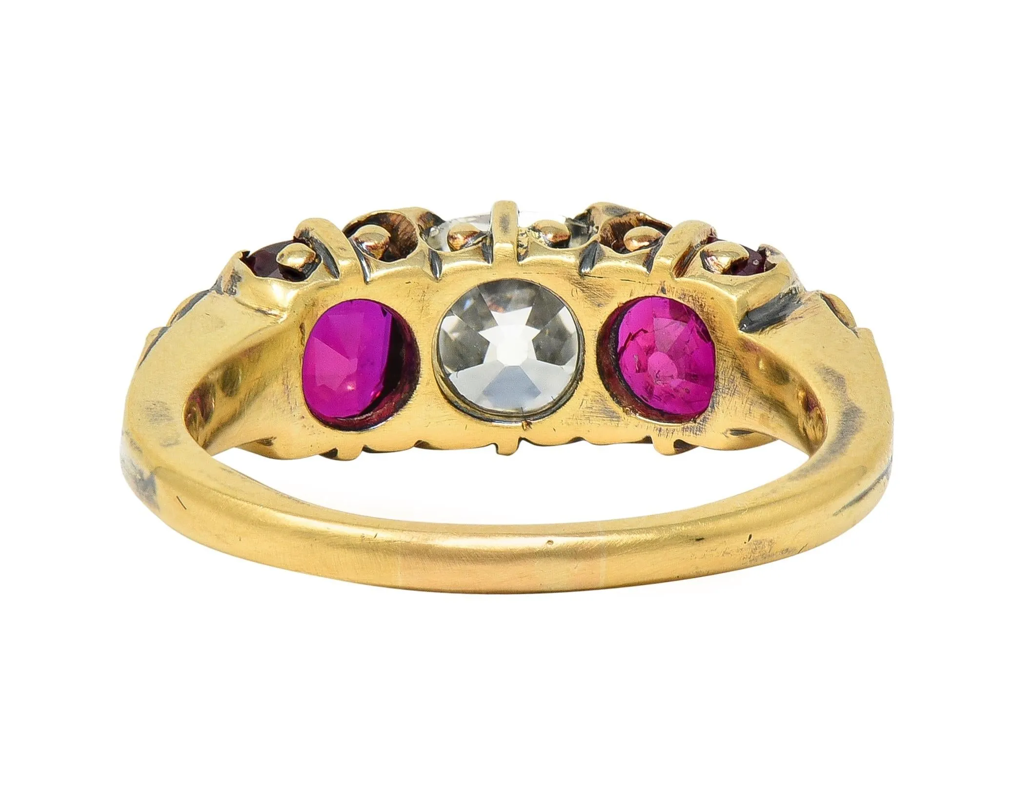 Victorian 3.40 CTW Diamond No Heat Burma Ruby 18 Karat Gold Antique Three Stone Ring GIA