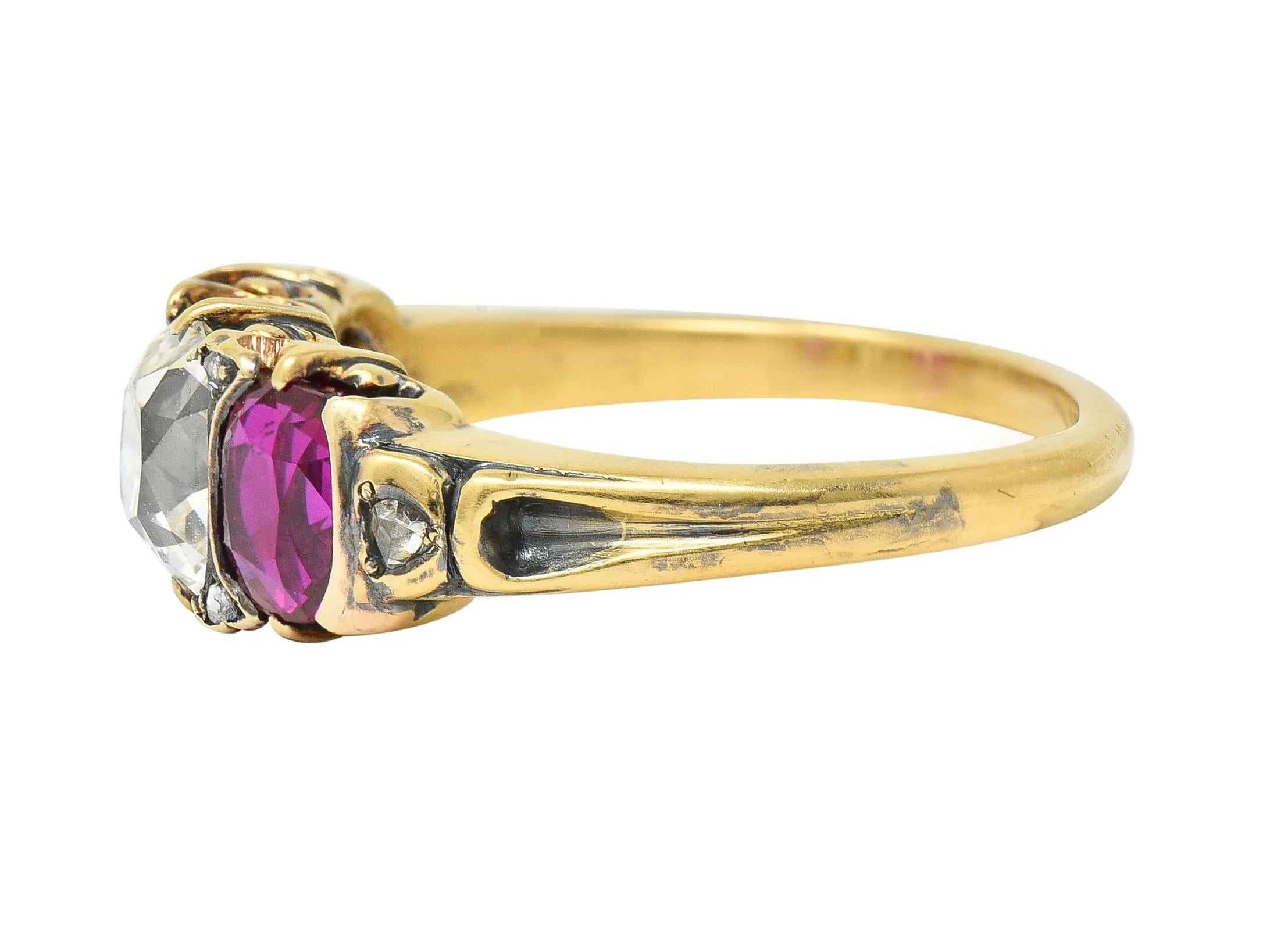 Victorian 3.40 CTW Diamond No Heat Burma Ruby 18 Karat Gold Antique Three Stone Ring GIA