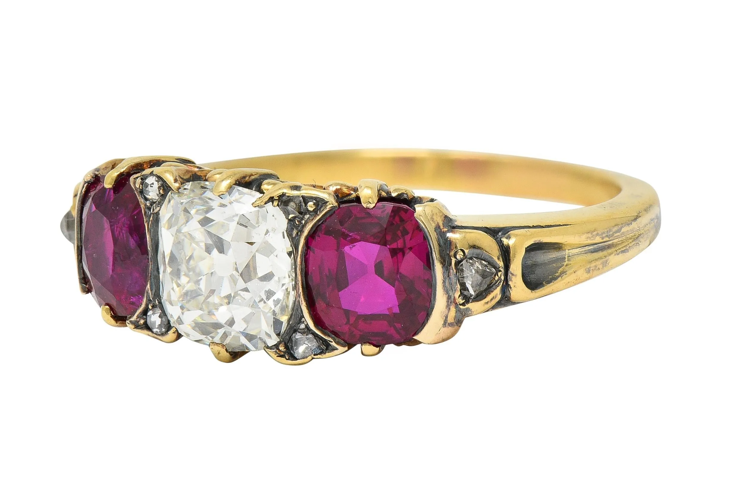 Victorian 3.40 CTW Diamond No Heat Burma Ruby 18 Karat Gold Antique Three Stone Ring GIA