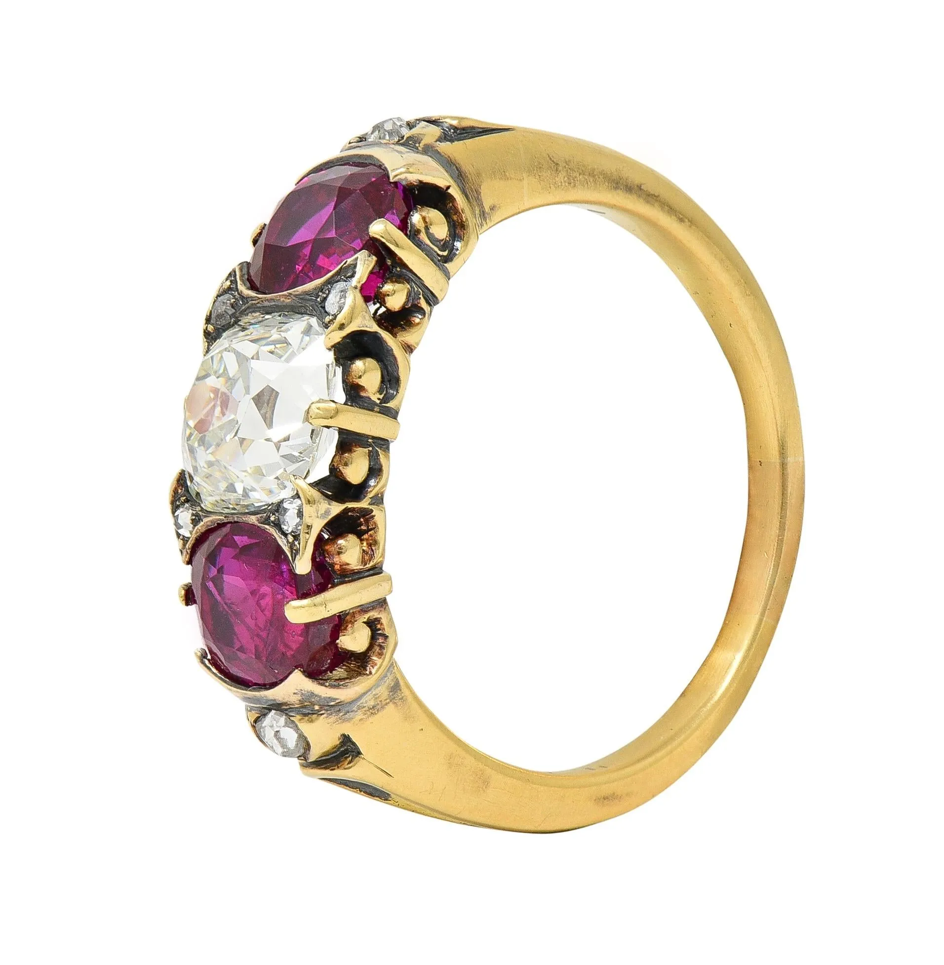 Victorian 3.40 CTW Diamond No Heat Burma Ruby 18 Karat Gold Antique Three Stone Ring GIA