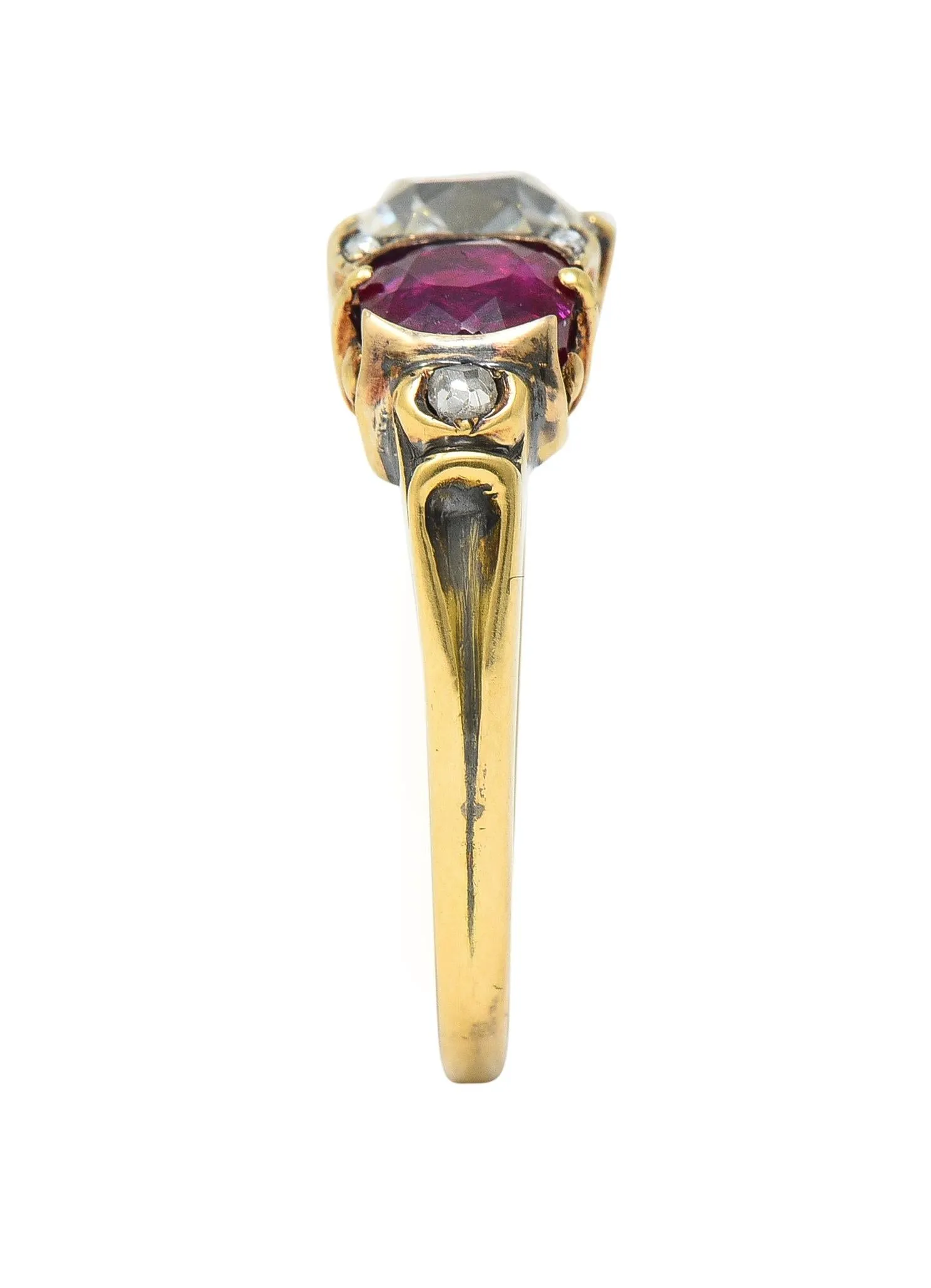 Victorian 3.40 CTW Diamond No Heat Burma Ruby 18 Karat Gold Antique Three Stone Ring GIA