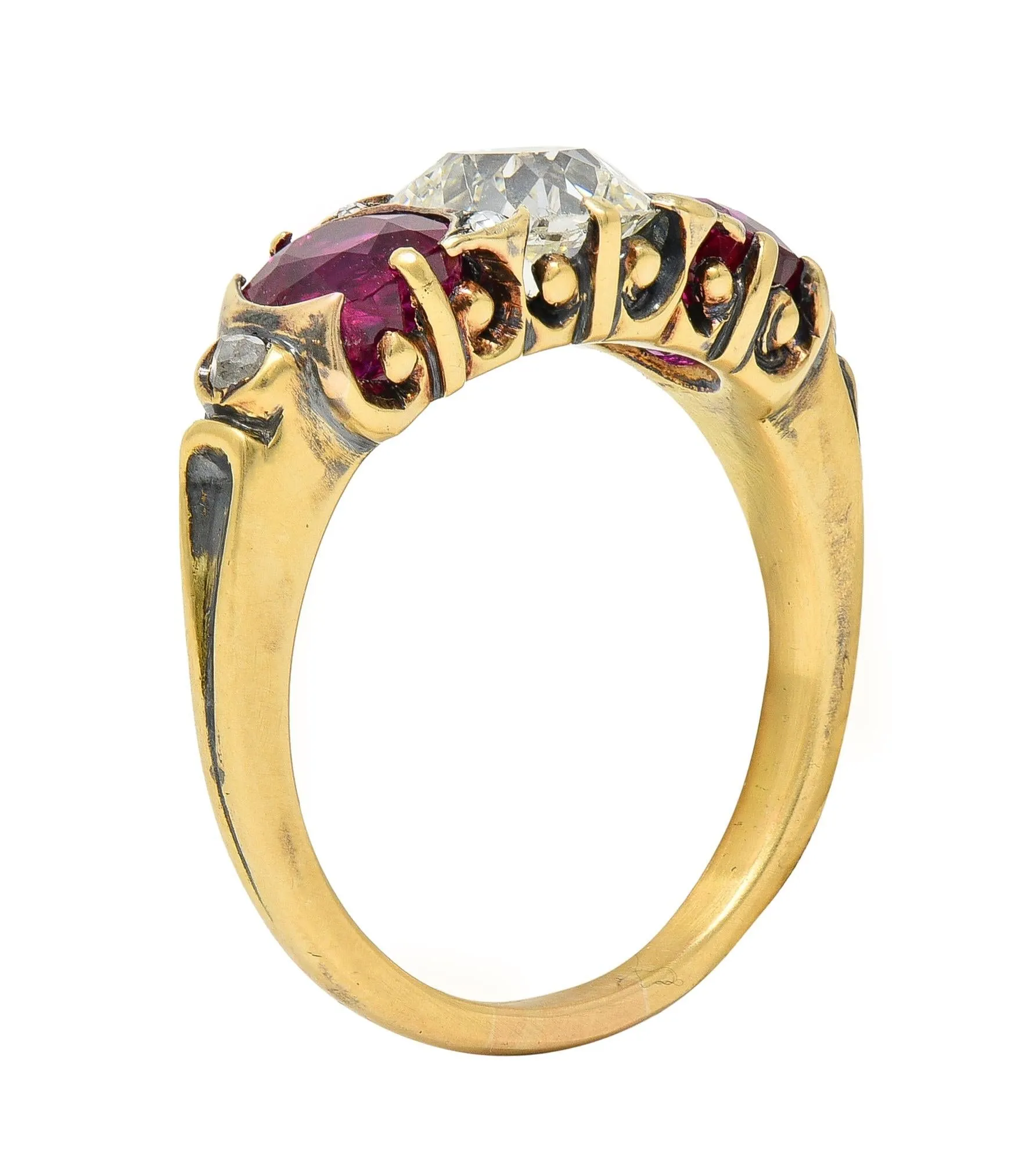 Victorian 3.40 CTW Diamond No Heat Burma Ruby 18 Karat Gold Antique Three Stone Ring GIA