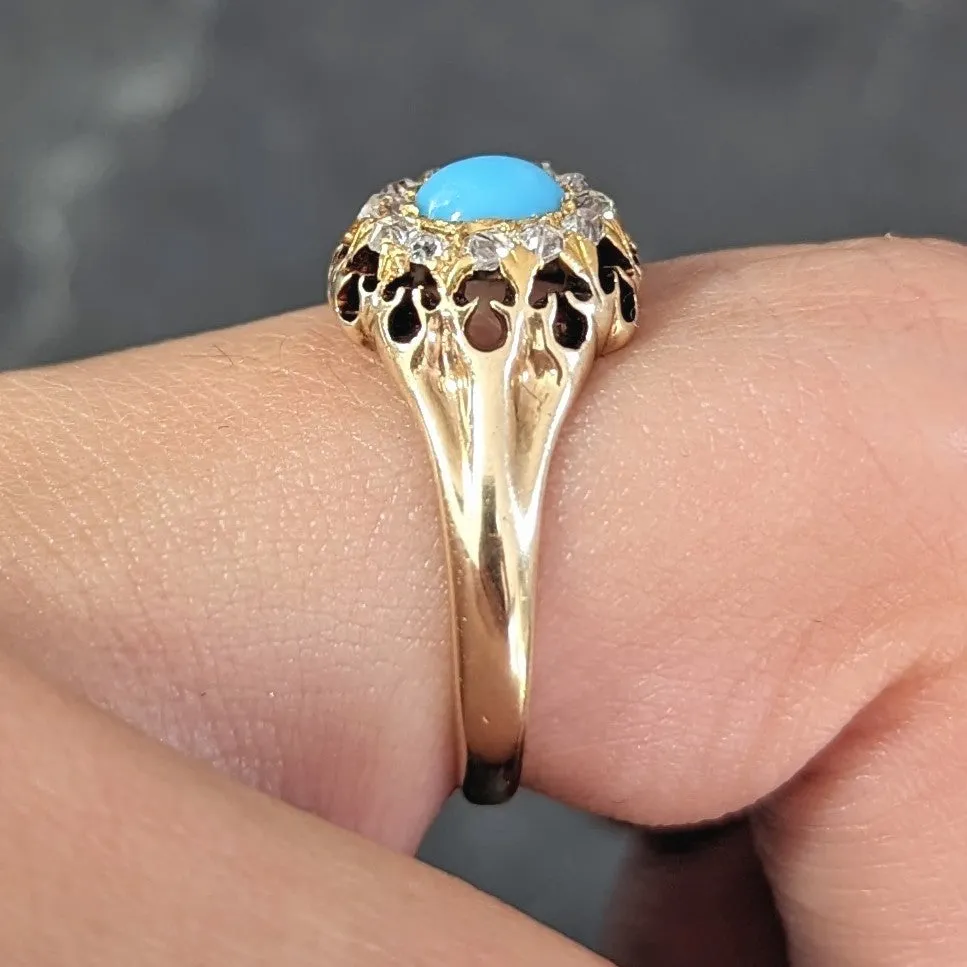 Victorian Old Mine Cut Diamond Turquoise 14 Karat Gold Oak Antique Halo Ring