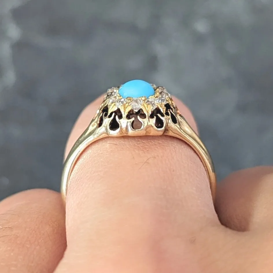 Victorian Old Mine Cut Diamond Turquoise 14 Karat Gold Oak Antique Halo Ring