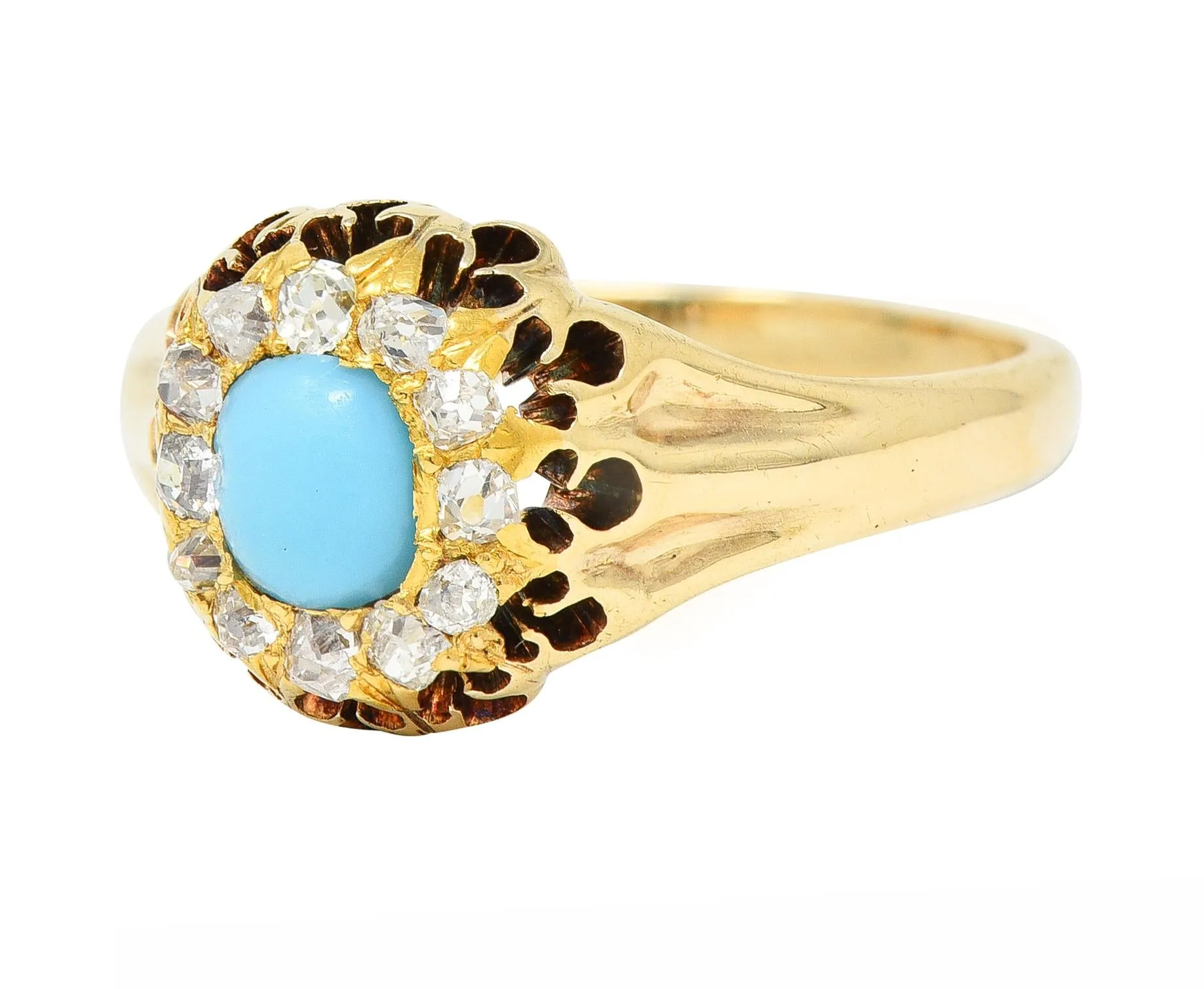 Victorian Old Mine Cut Diamond Turquoise 14 Karat Gold Oak Antique Halo Ring