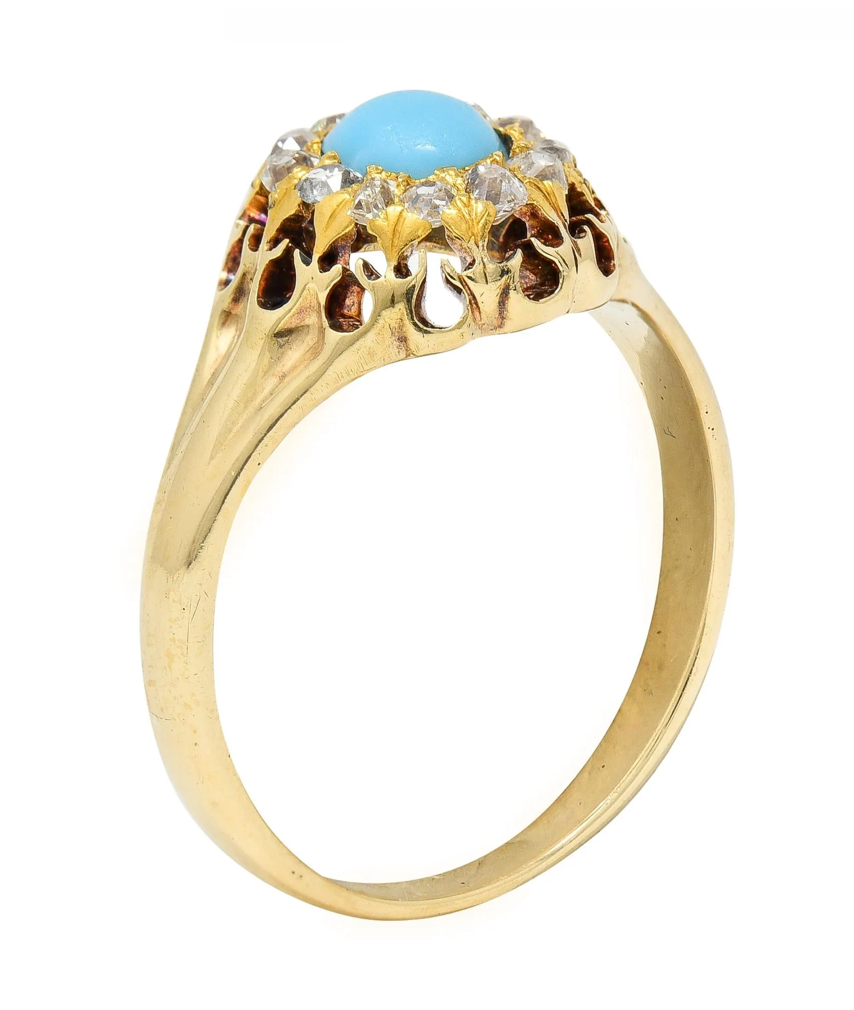 Victorian Old Mine Cut Diamond Turquoise 14 Karat Gold Oak Antique Halo Ring